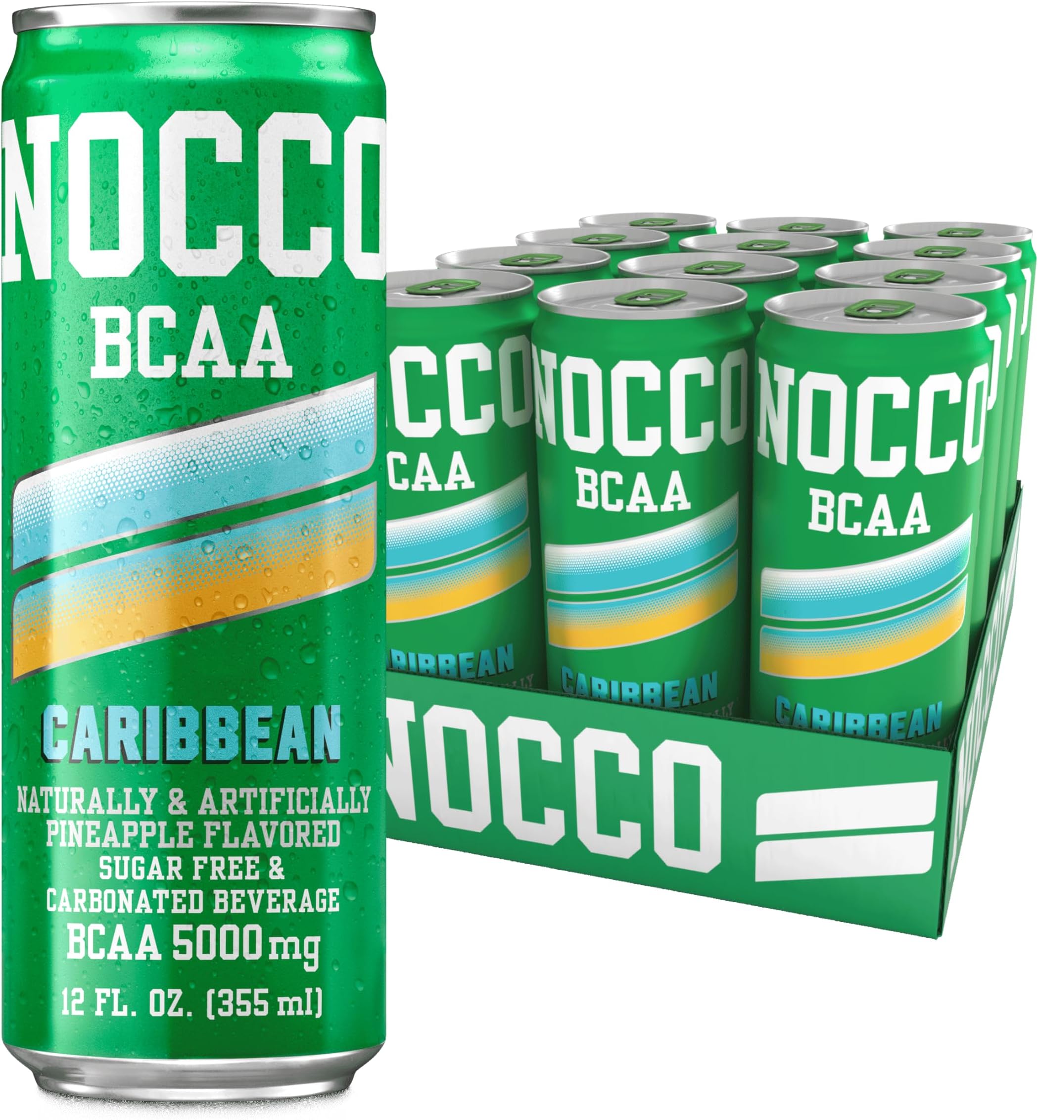 NOCCO Zero Sugar BCAA Drink, Caribbean- 12 Fl Oz (Pack of 12) - 0mg Caffeine, Sugar Free with Branched Chain Amino Acids, Carbonated & Low Calorie, B Vitamins, Grab & Go Performance Beverage