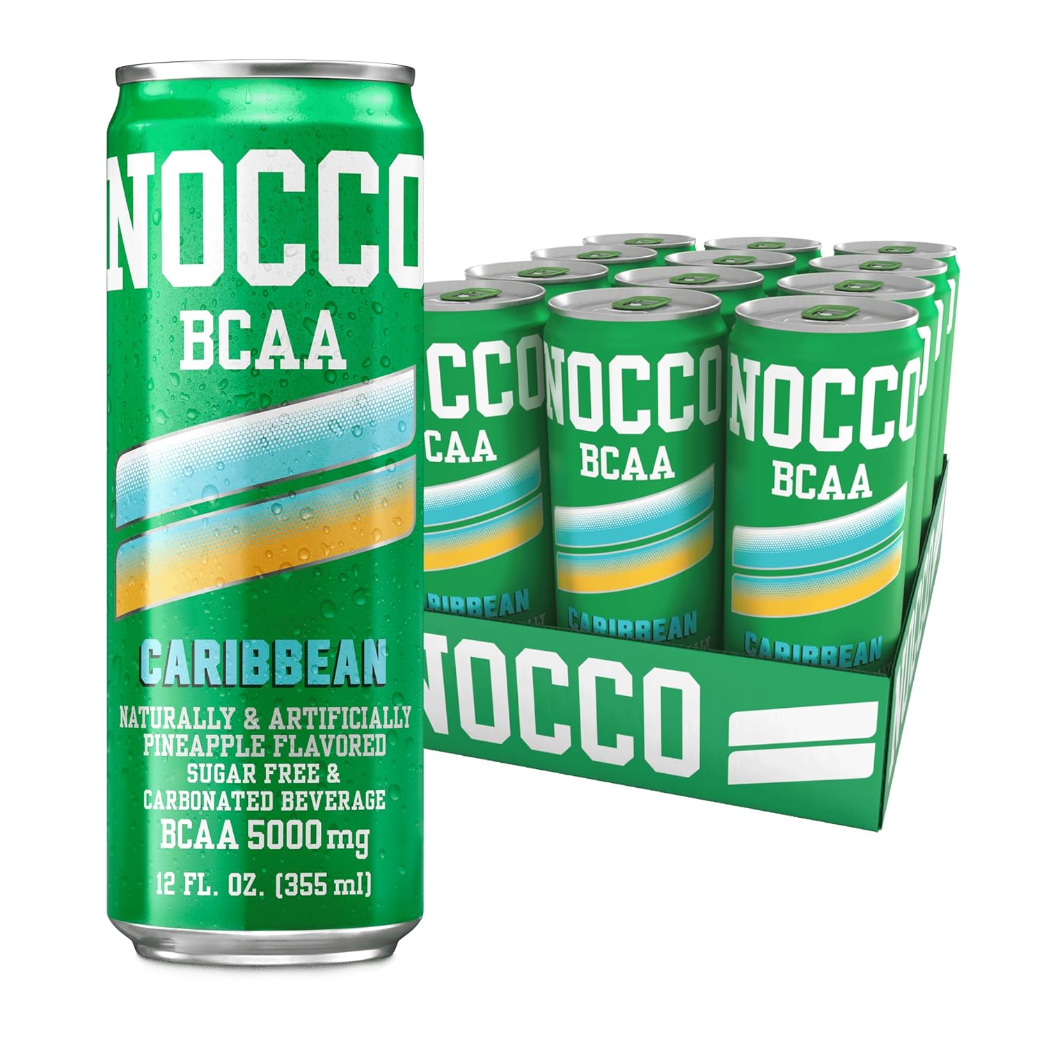 NOCCO Zero Sugar BCAA Drink, Caribbean- 12 Fl Oz (Pack of 12) – 0mg Caffeine, Sugar Free with Branched Chain Amino Acids, Carbonated & Low Calorie, B Vitamins, Grab & Go Performance Beverage