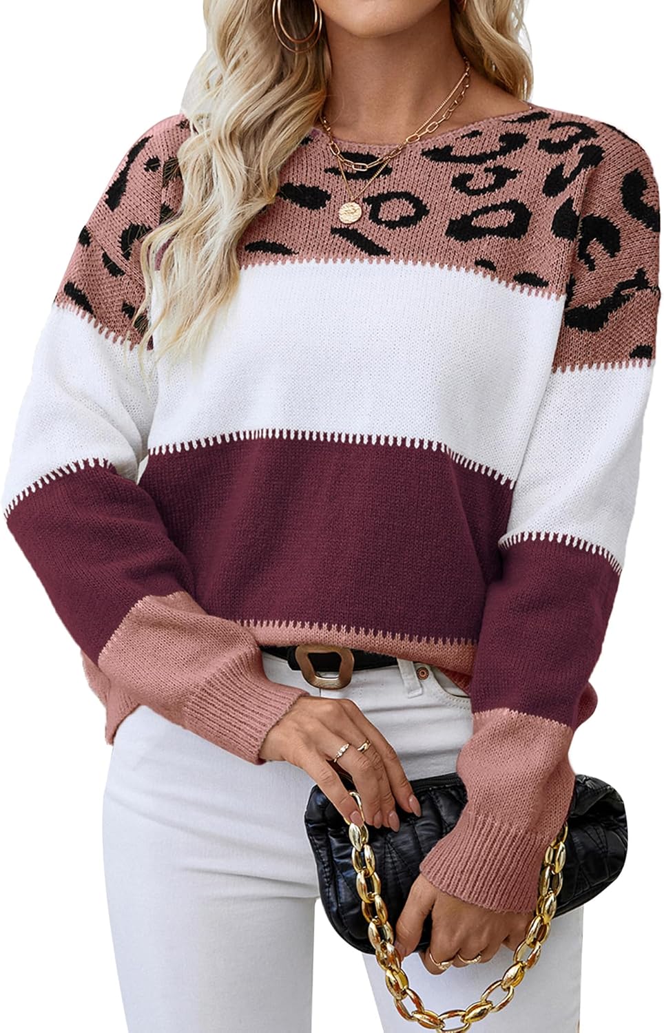 Womens Oversized Cute Color Block Leopard Sweater Fall 2025 Trendy Ladies Dressy Ca...