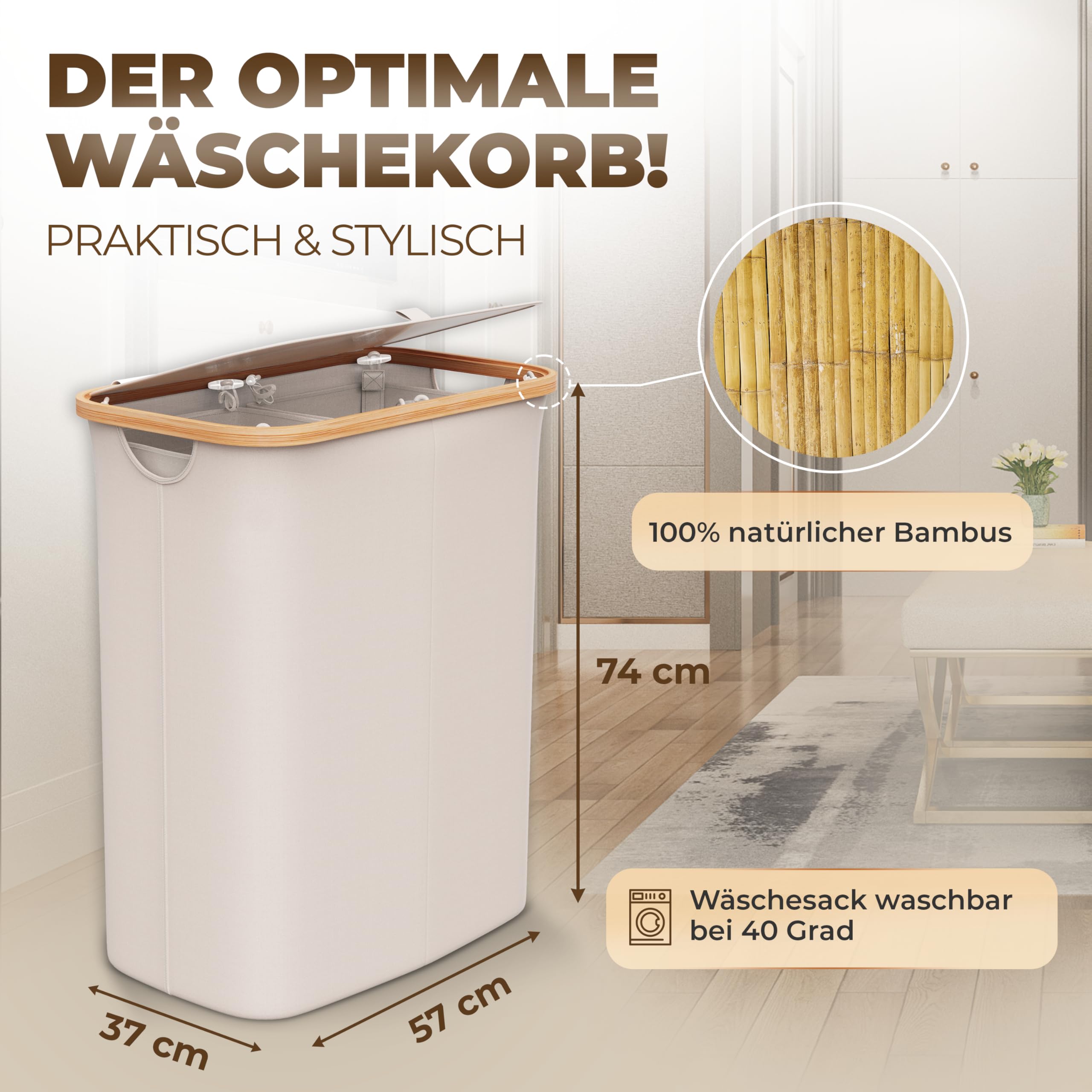 Wäschekorb 150L Faltbar mit Deckel und 2 Fächern – Wäschesammler Bambus-Stoff Beige – Wäschebox, Wäschetruhe, Wäschebehälter, Wäschetrenner für Bad, Schlafzimmer & Waschküche