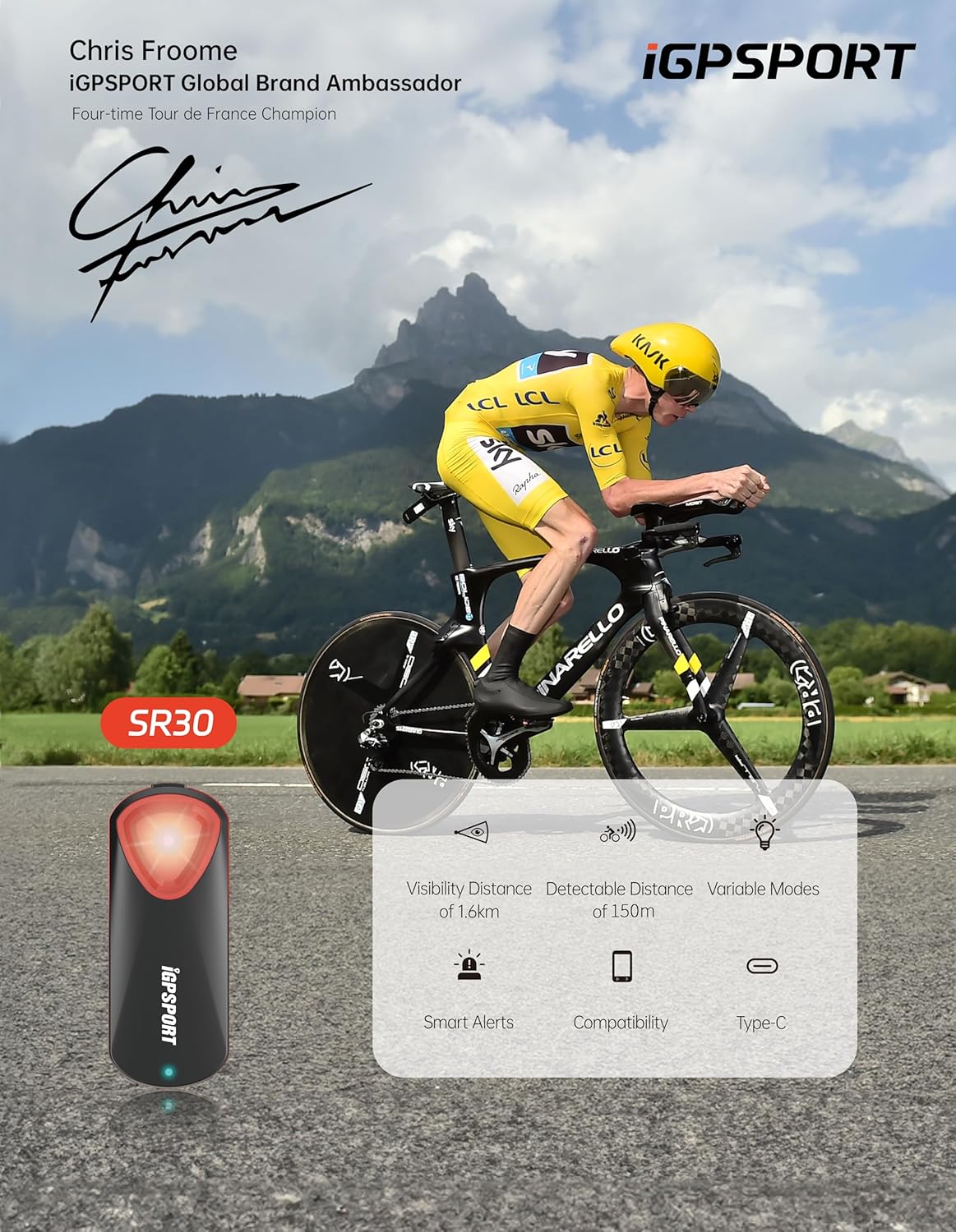 iGPSPORT SR30 Radar Bike Rear Light, 20H Battery Life, 150M Monitoring Distance, IPX7 Waterproof, Rechargeable Bicycle Cyle Back Tail Lights