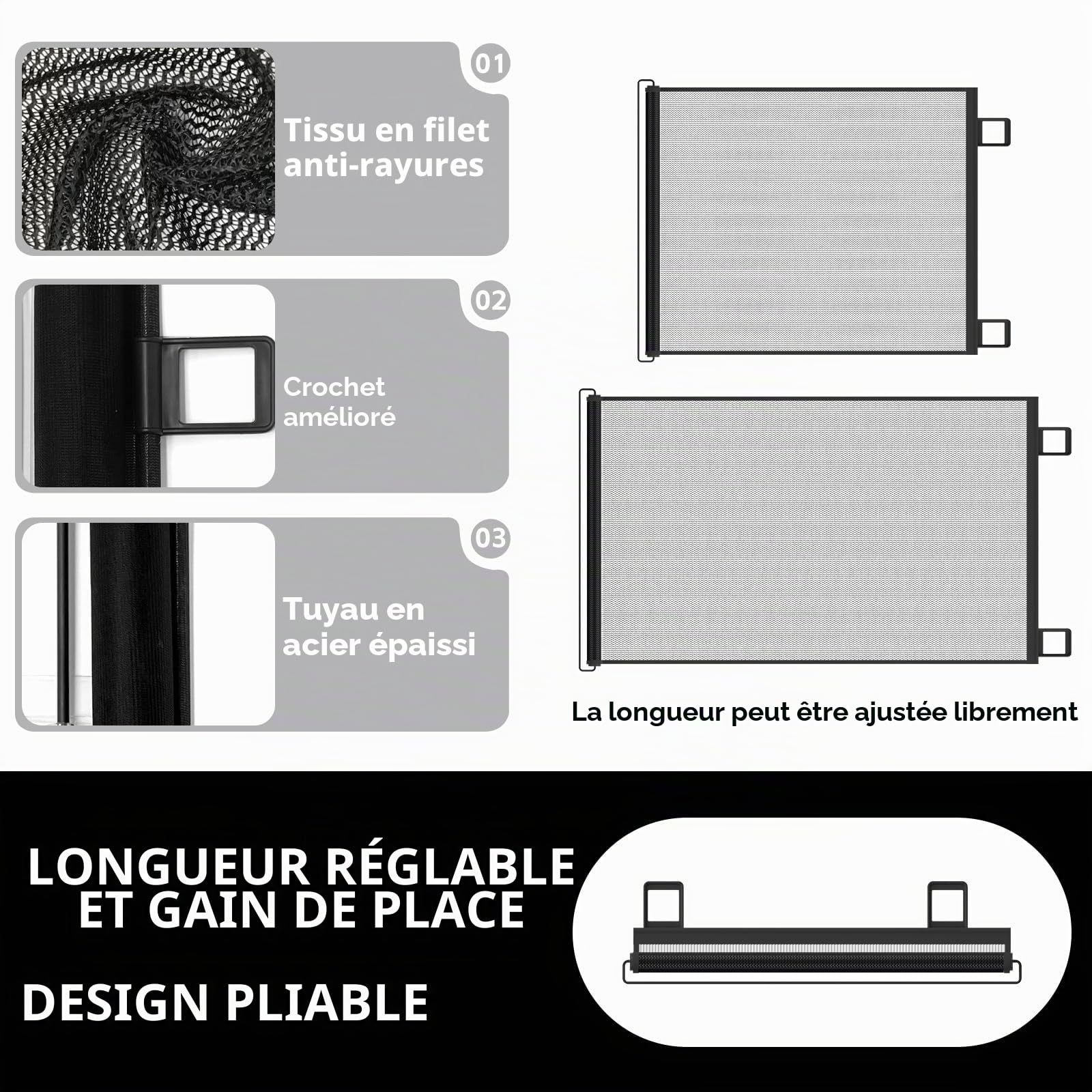 Barriere Escalier, Version AméLioréE, avec Verrou + Clip Anti-Fuite, sans PerçAge, RéGlable, Universelle pour Chats Et Chiens, IdéAle Cuisine, Balcon, Couloir (Noir, 150 * 78 CM)