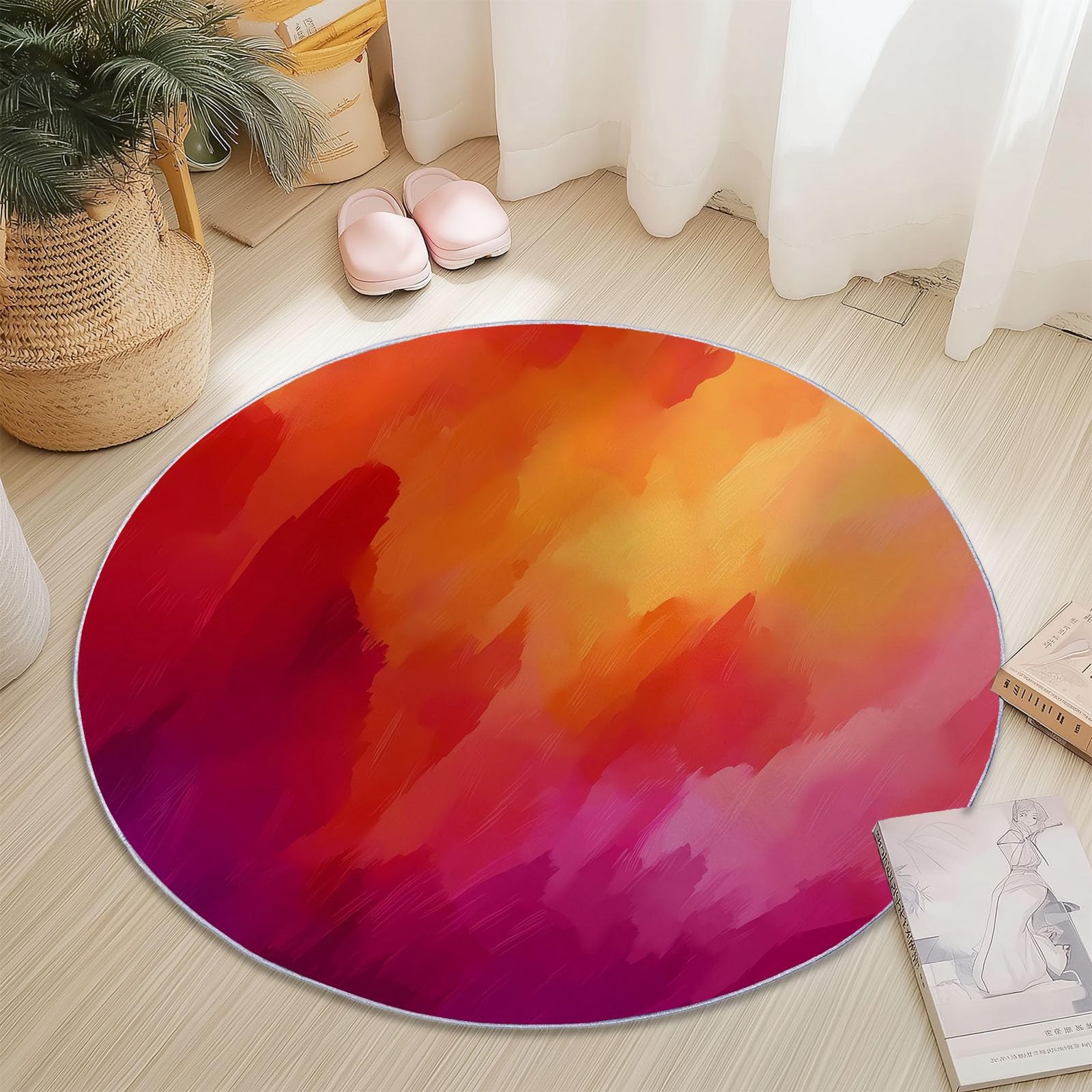 Tapis rond rouge orange abstrait 160 cm à poils ras