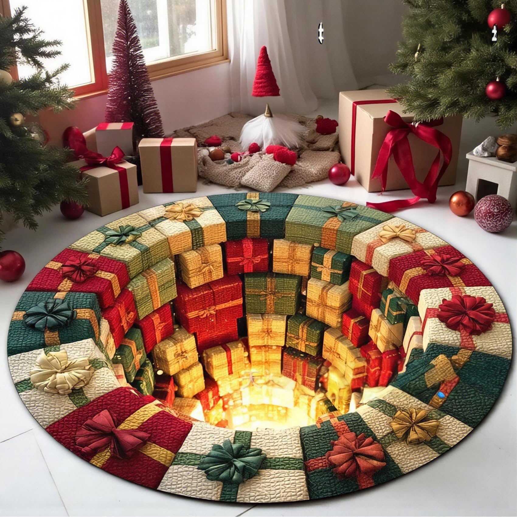 S,160*160,Christmas Decorations 3D Rug, Xmas Optical Illusion Rugs,Santa Claus Quilted Round Mat,Exquisite Non-Slip Rugs with Depth Pattern for Holiday Entryway Living Room Bedroom Christmas Decor