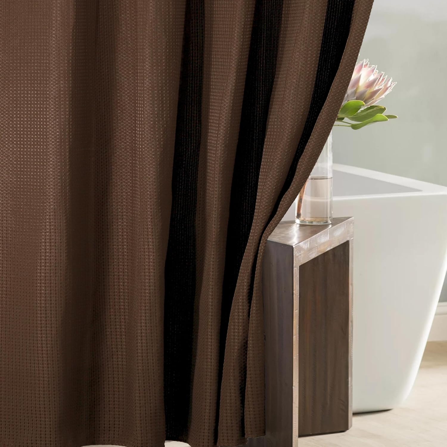 Brown Extra Long Shower Curtain: 84 Inch Long Taupe Waffle Weave Heavy Duty Fabric Shower Curtains for Bathroom - 256 GSM Water Repellent Washable Thick Polyester Cloth Bath Curtain - 72x84