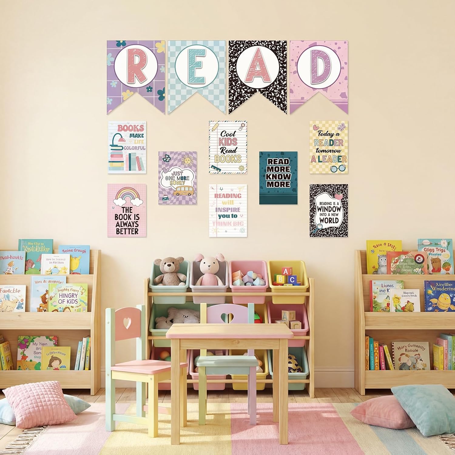 Reading Classroom Decorations Library Posters Bulletin Board Sets for Elementary Classroom Pennants Decor for Back to School Nursery Library Teacher Supplies(Bright Colors)