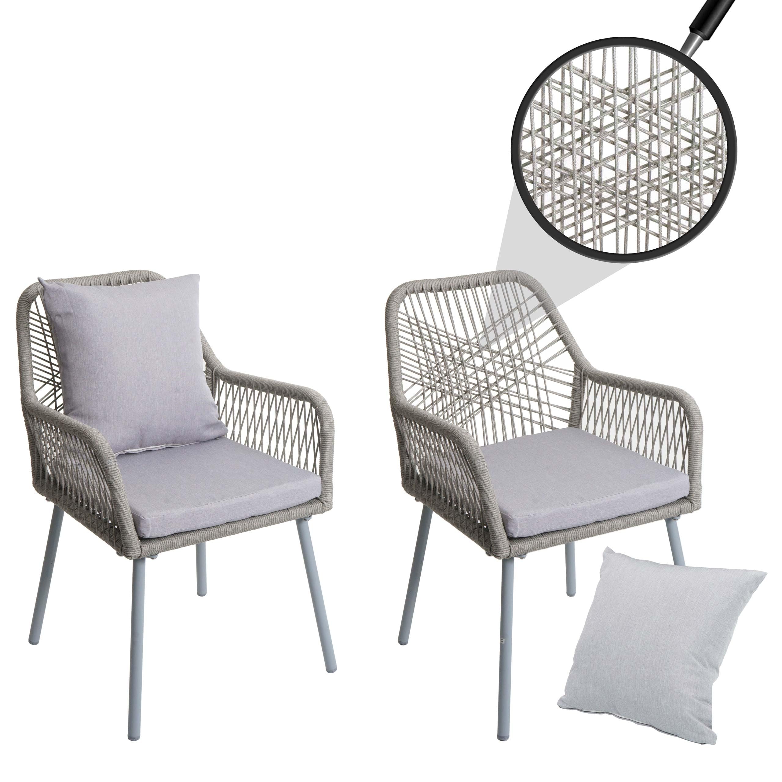 Mendler Juego de 2 sillas de jardín HWC-O12, cojín para asiento y respaldo de exterior, cuerda trenzada de aluminio, color gris, funda gris