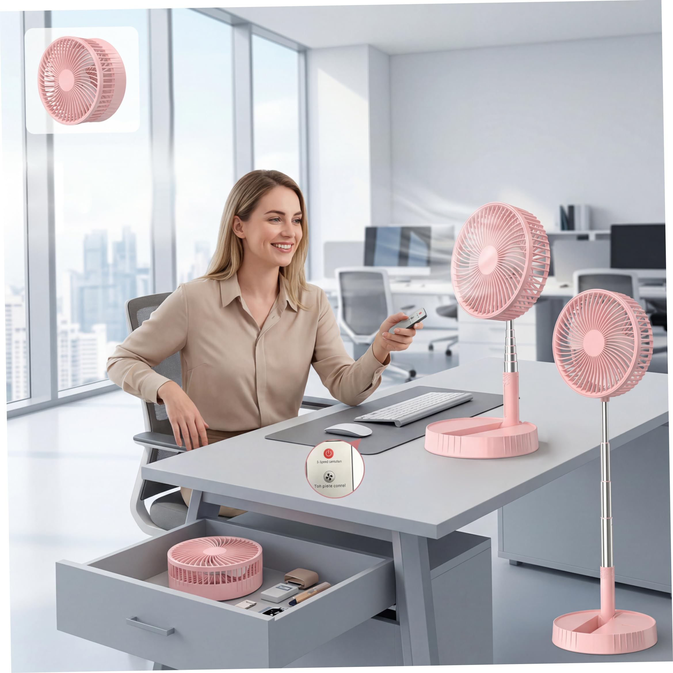 Ventilatore pieghevole, ventilatore da scrivania telescopico ricaricabile senza fili con 4 velocità e flusso d'aria a 360°, batteria da 7200 mAh, stile 2, piedistallo con telecomando
