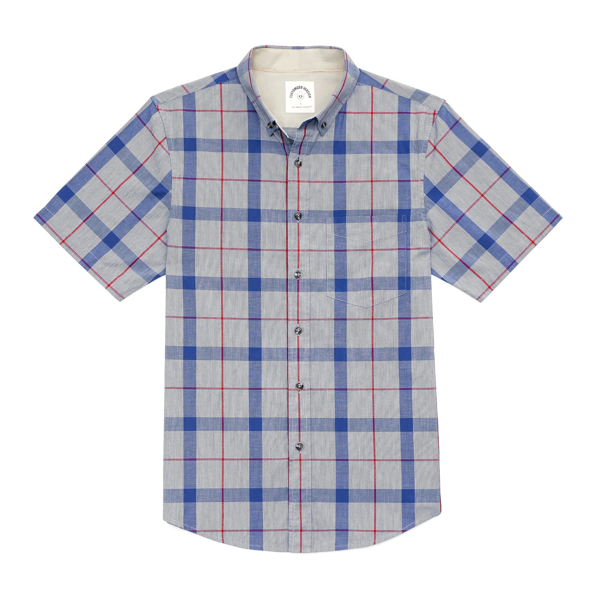Dubinik® Mens Short Sleeve Button Down Shirts 100% Cotton Plaid Men's Casual Button-Down Shirts with Pocket