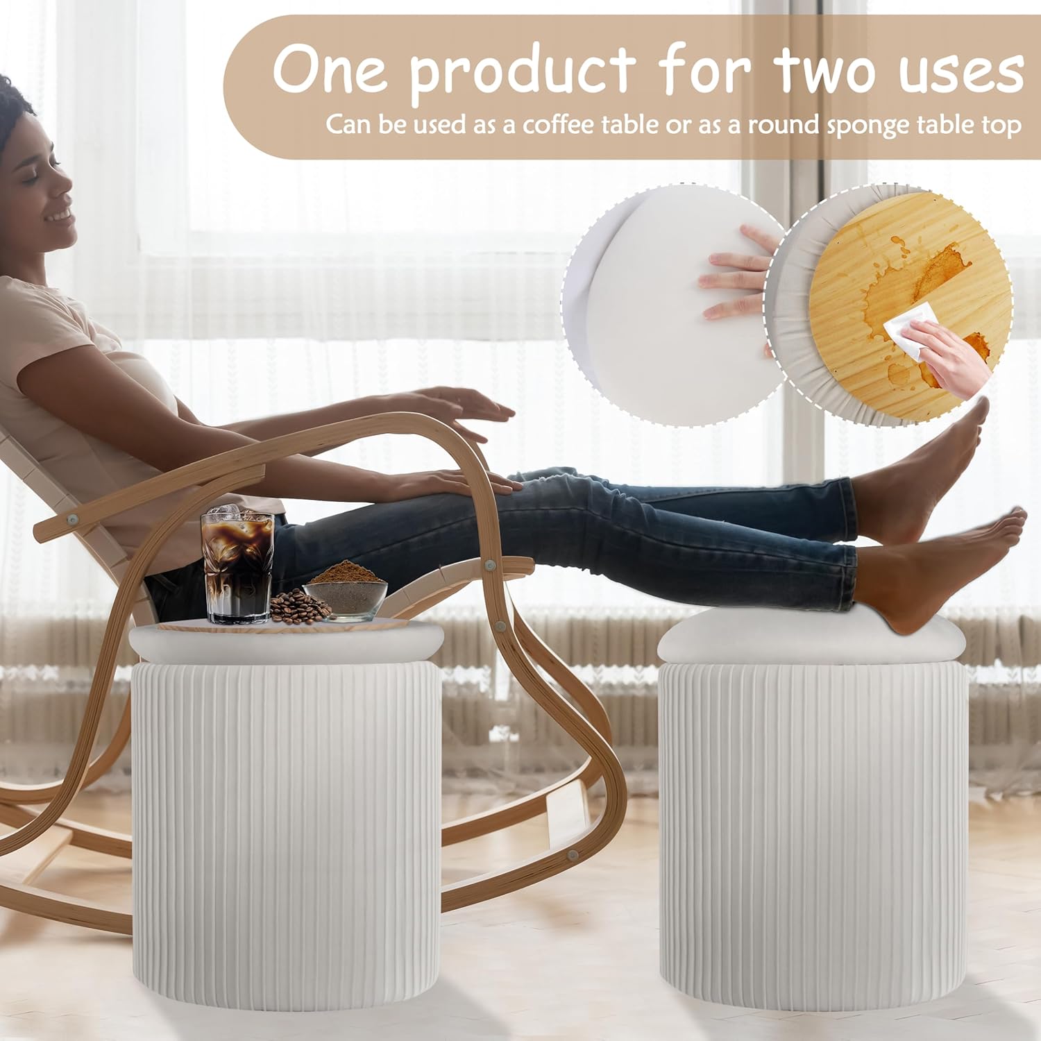 Set of 2 Round Storage Ottoman, Multifunctional Storage Ottoman with Lid and Soft Corduroy Padding, Footrest for Living Room and Bedroom, Vanity Stool for Makeup