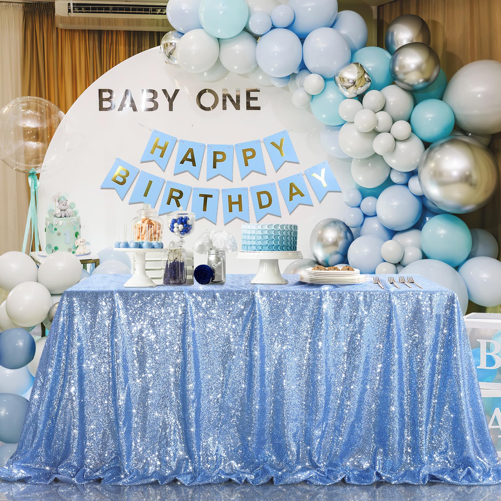 Photo 1 of B-COOL Sequin Tablecloth 60x102 Inch Birthday Tablecloth Baby Blue Rectangle Shimmer Durable Wedding Party Restaurant Bridal Shower Everyday Use