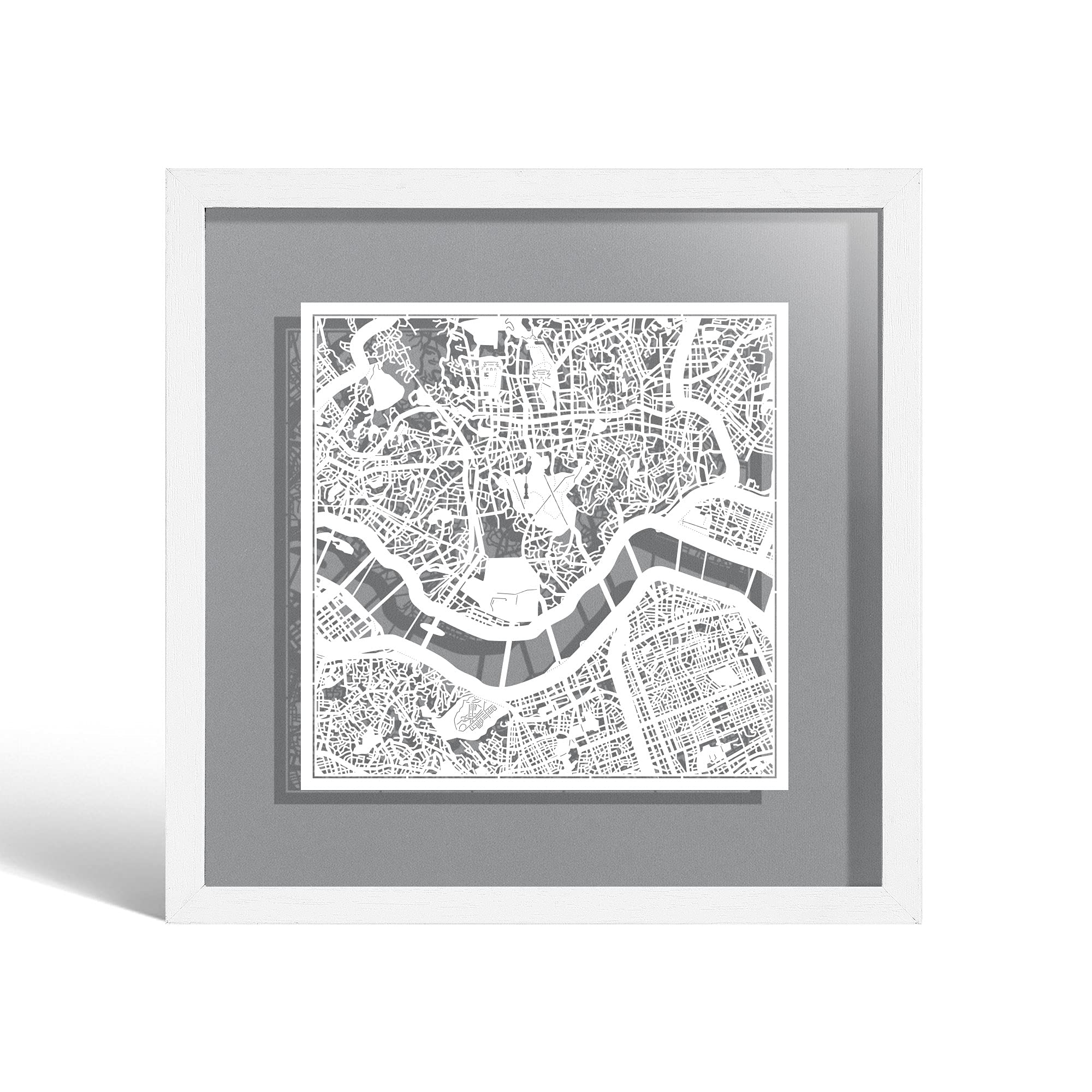 Seoul Paper Cut Map framed by, White map, White frame, 9x9 inches, Gift Boxed, 4 background color, self-changing, Paper Art