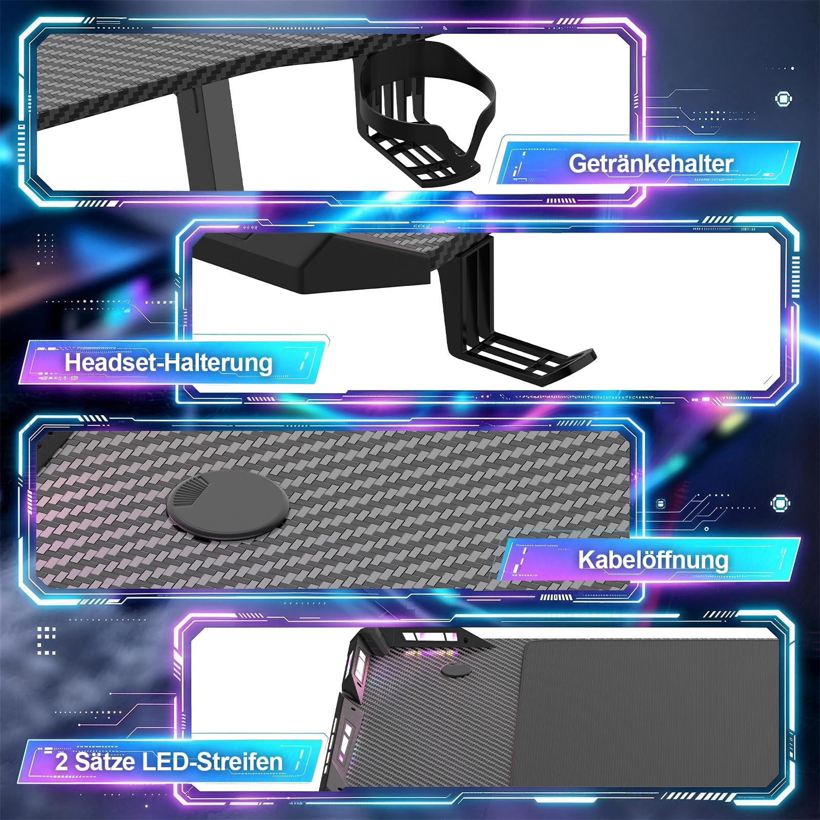 Gaming Tisch L07 mit LED 140CM – PC Schreibtisch mit Carbon-Oberfläche, 2 RGB LED Streifen (352 Modi, 10 Helligkeitsstufen), Z-förmiger Stahlrahmen bis 80kg, Getränkehalter & Kopfhörerhaken