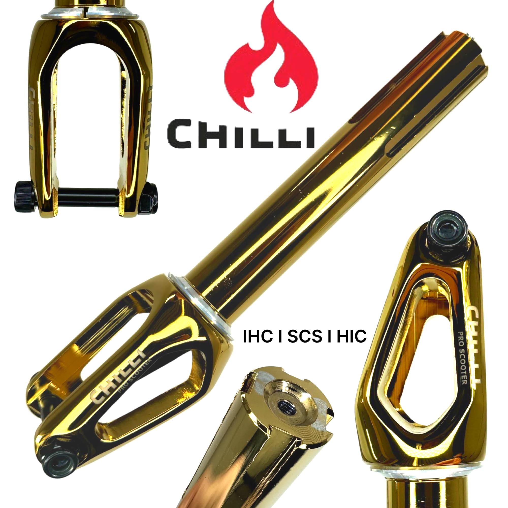 Chilli Pro Scooters Slim Cut Trottinette Stunt Fork HIC Kit complet avec jeu de direction Trick Roller Fourche de tuning de rechange Convient pour roues de 100 I 110 I 120 mm Couronne chromée dorée