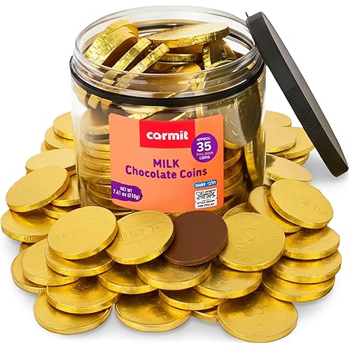 Carmit Gold "Real" Milk Chocolate Coins Tub, 7.4 oz (Approx. 35 Large Coins) | Individually Wrapped Hanukkah Gelt | Holiday Candy, Party Favors | Gluten Free | Perfect Chanukah Dreidel Game | Kosher - Chalav Yisroel