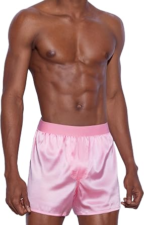 Mens Silk Boxer Shorts - Pure Mulberry Silk Underwear, Luxury Sleepwear, Pajamas Lounge Shorts - Improved Waistband Pink, Large