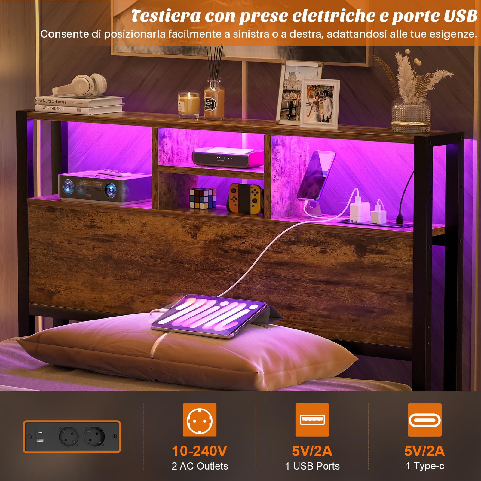 iSunirm Testiera per letto ripiani portaoggetti da 102 cm, testiera con prese di corrente, porte USB e Pype C, luce a LED, solo testiera, regolabile in altezza, reversibile, marrone