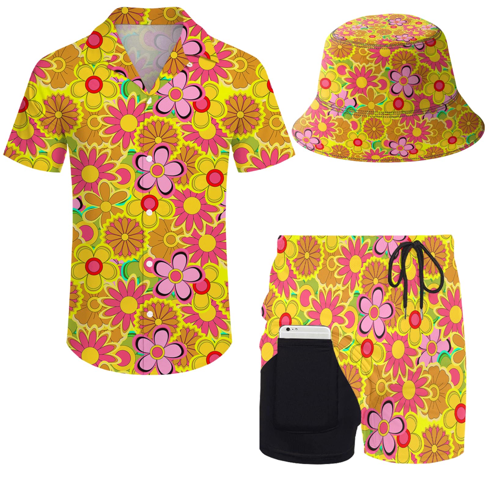 PUBDSKBLDE Mens Hawaiian Sets Shirt Suit Beach Shirt And Shorts with Bucket Hats