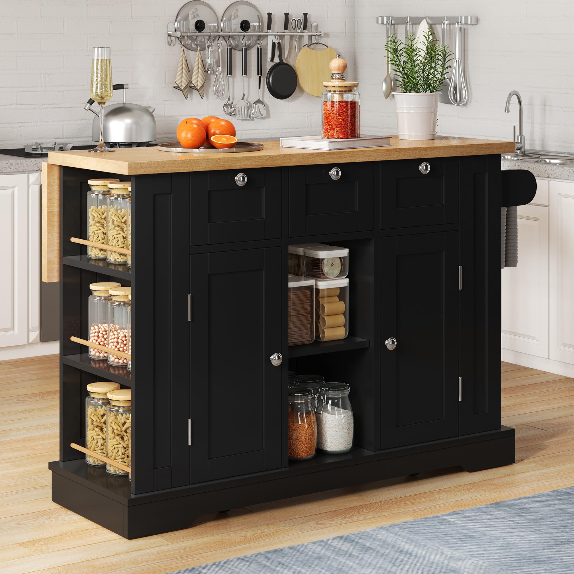 Isla De Cocina con Encimera Cocina Plegable y Enchufe de Carga, Armario con Cajones y Puerta, Muebles de Salon con Almacenamiento Abiertos, Mueble Auxiliar para Comedor, 132x87x70 cm (Negro)
