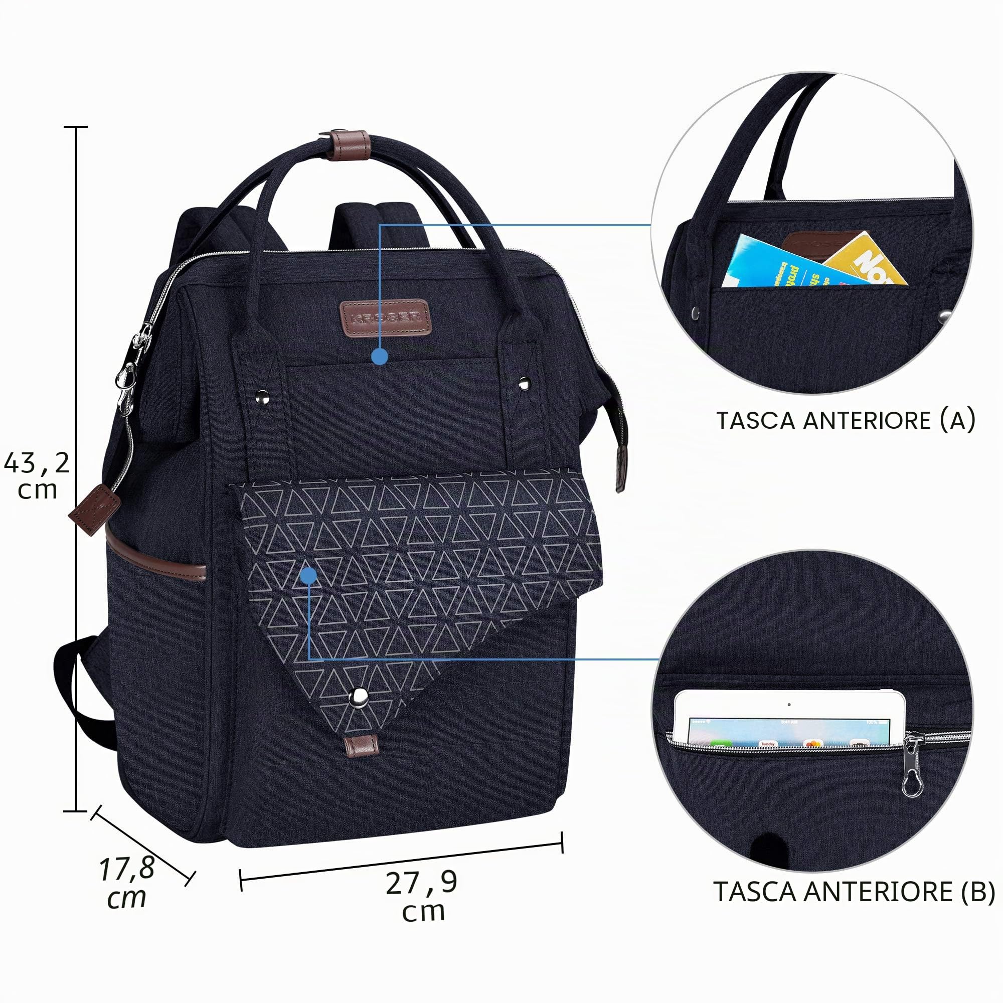 KROSER Zaino per computer portatile da 15,6 pollici, elegante, con porta | Zaino per computer portatile da 15,6 pollici impermeabile, per università borsa da lavoro per donne/uomini, blu scuro
