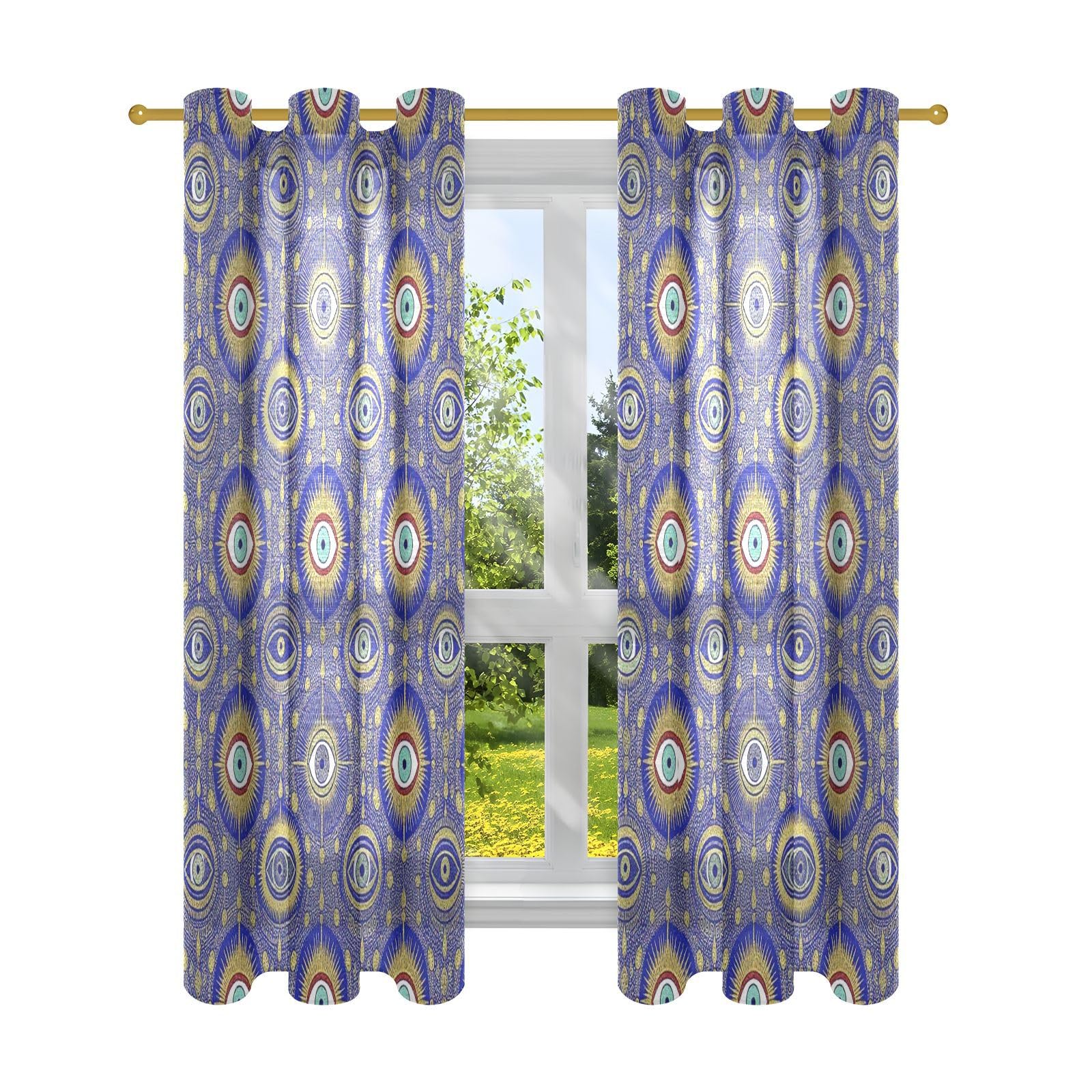 Cortinas decorativas de casa de campo para tratamientos de ventanas, cortinas opacas de ojo malvado azul y dorado, 63 pulgadas de largo, 2 paneles