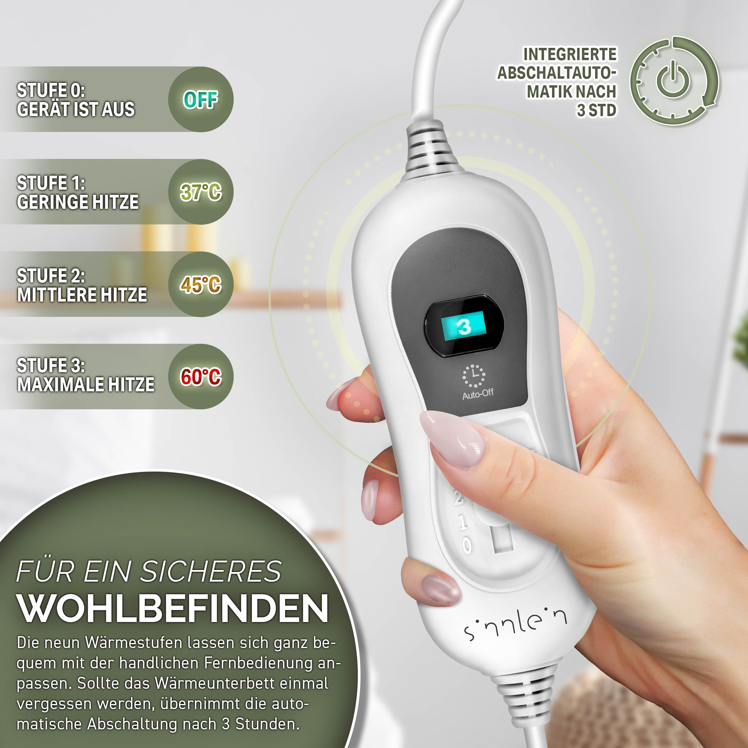 sinnlein Wärmeunterbett 150x80cm mit Abschaltautomatik | Heizdecke mit 3 Temperaturstufen | Wärmebettunterlage fürs Bett | Wärmedecke aus weichem Vlies
