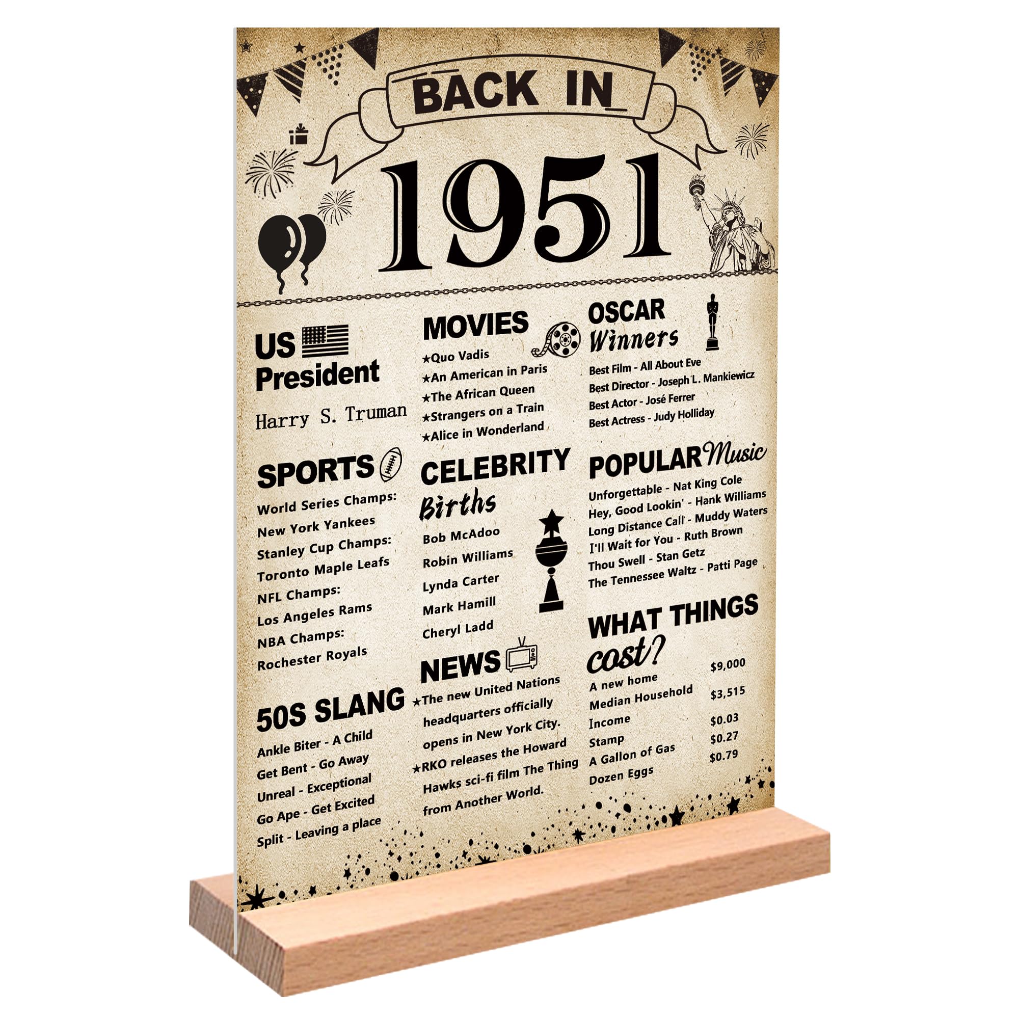 DARUNAXY Vintage Back in 1951 Acrylic Sign with Stand for Men &amp; Women