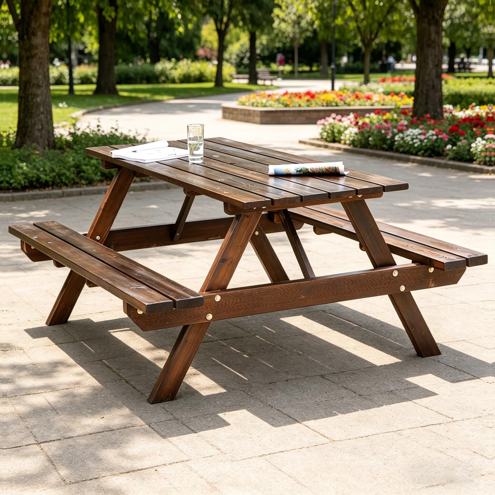 Tavolo da picnic in legno per 4-6 persone con panche integrate, set in legno massello carbonizzato, tavolo da giardino resistente agli agenti atmosferici, giardino e prato