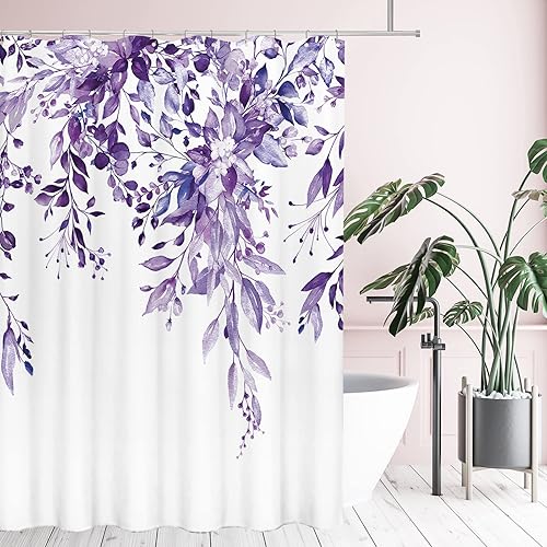 Vista 277 de Tititex - Juego de cortinas de ducha de eucalipto verde oliva, hojas de acuarela en la parte superior con decoración floral de baño, 60 x 72 Hojas