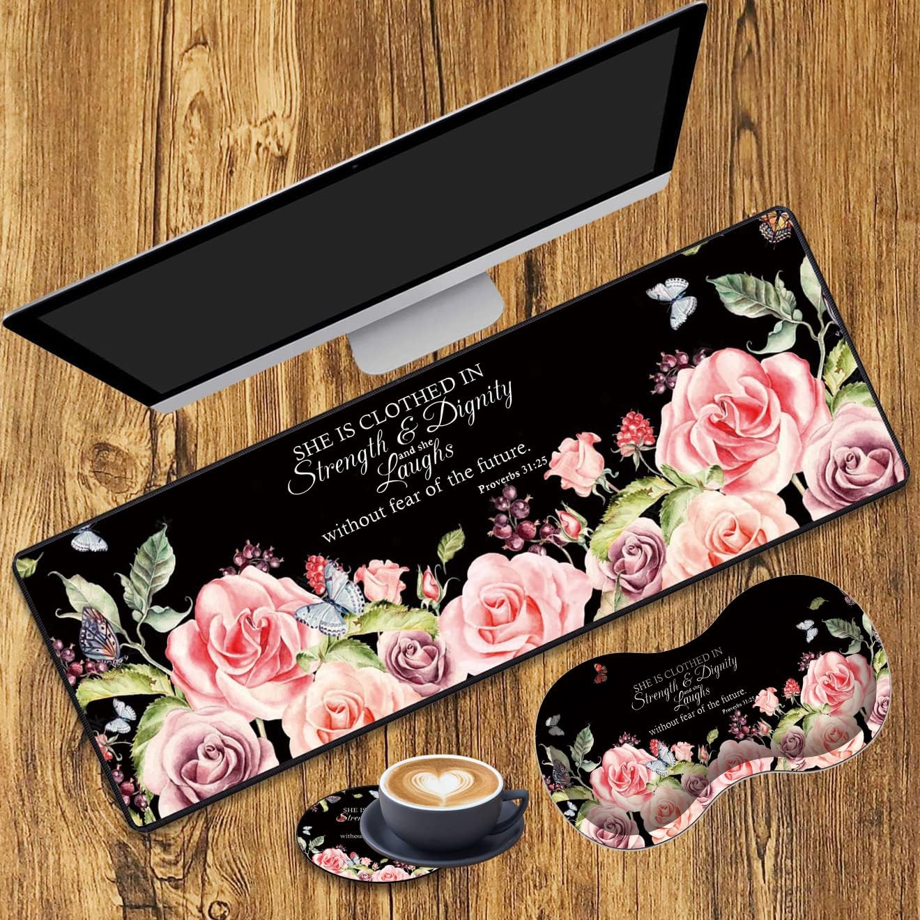 Desk Pad Gaming Mouse Pad + Wrist Rest Support Pad + Coaster, 31.5" × 11.8" Durable Non-Slip Extended Computer Mouse Pad, Suitable for Office and Home, Bible Verses Proverbs 31:25
