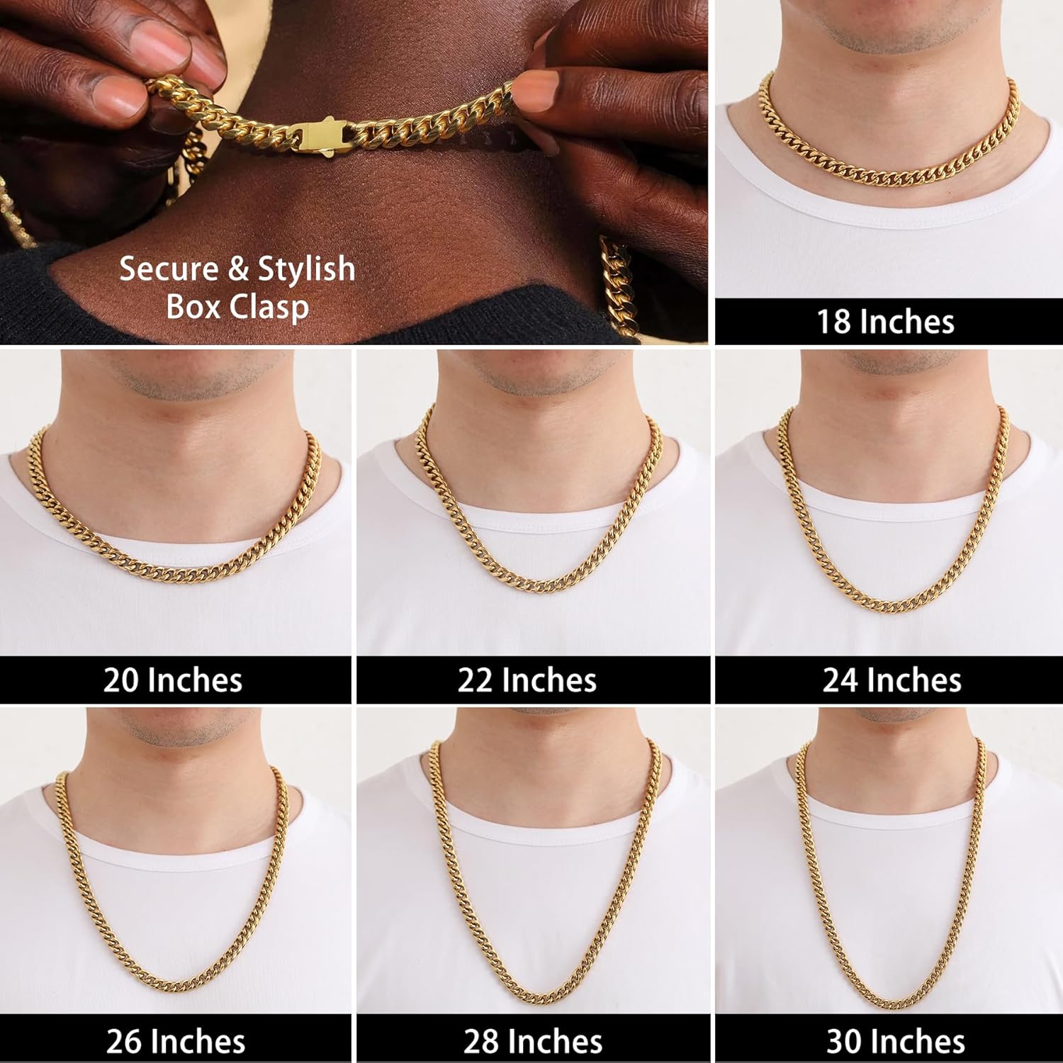 Miami Cuban Link Chain Necklace for Men Women Gold Plated Silver Black Stainless Steel Curb Chain Necklace 5mm/7mm/8mm/9mm/12mm/14mm Width 18 to 30 inch Secure Clasp Hip Hop Jewelry Gifts for Men