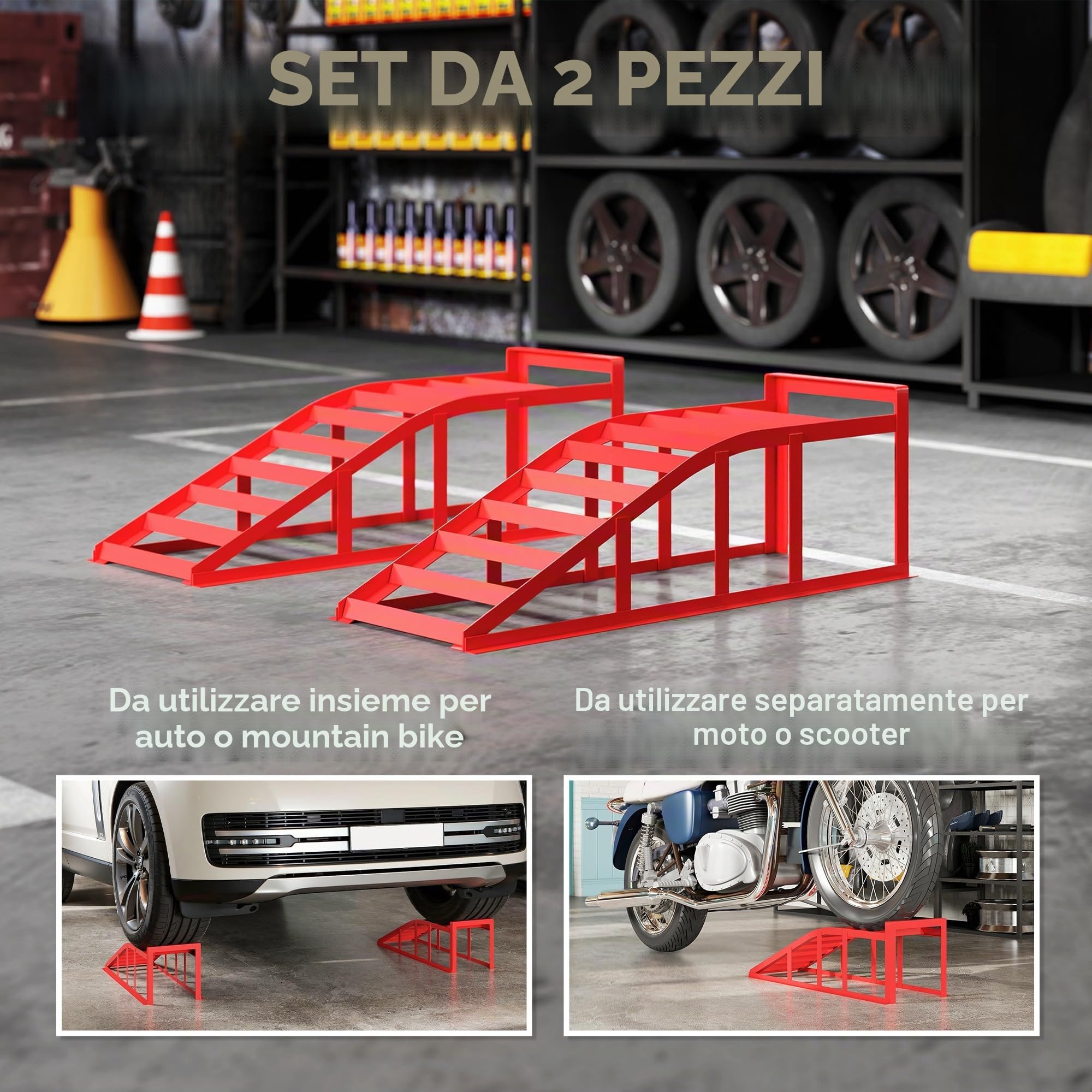 HOMCOM 2-Pack Rampe per auto antiscivolo Acciaio Rosso