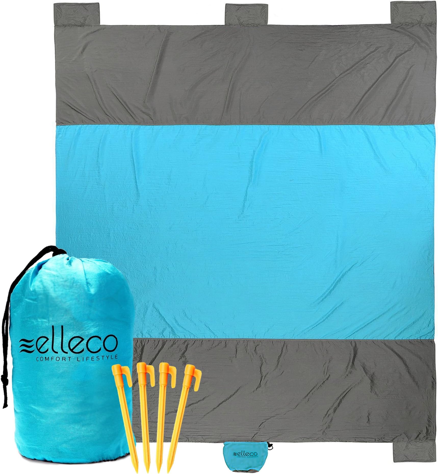 Ell Eco Beach Blanket, Huge 9' x 7' with 6 Pockets, Durable Waterproof Sand Proof Outdoor Picnic Blanket for Camping, Travel, Hiking - Ultra Strong Parachute Nylon, Compact, Lightweight 1.10lb