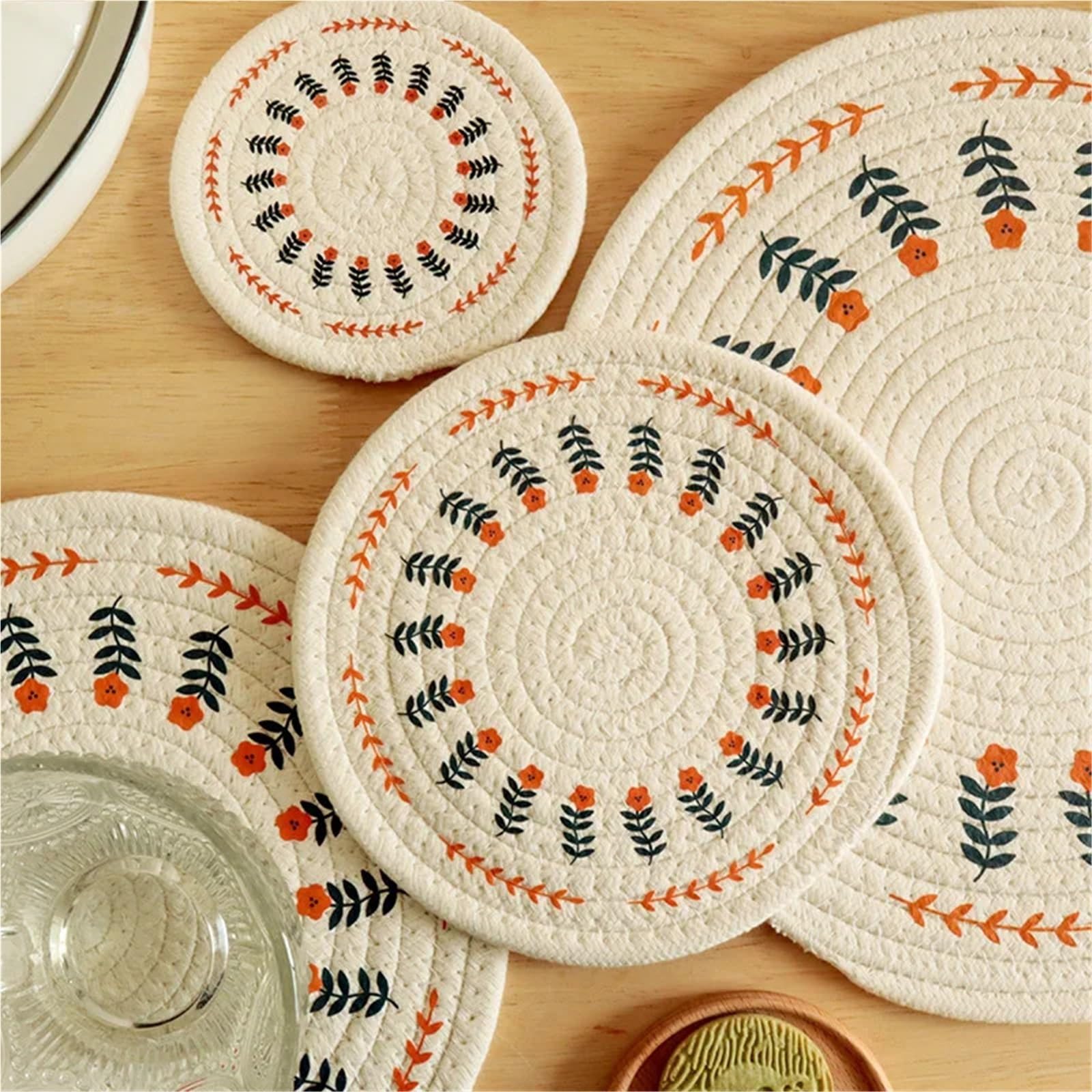 4 Piezas de Almohadillas aislantes de Calor Tejidas de algodón for Platos de Comedor, Cuencos, cazuelas, Posavasos for té, tapete de Mesa antiescaldaduras para Ollas Calientes, Platos(24cm)
