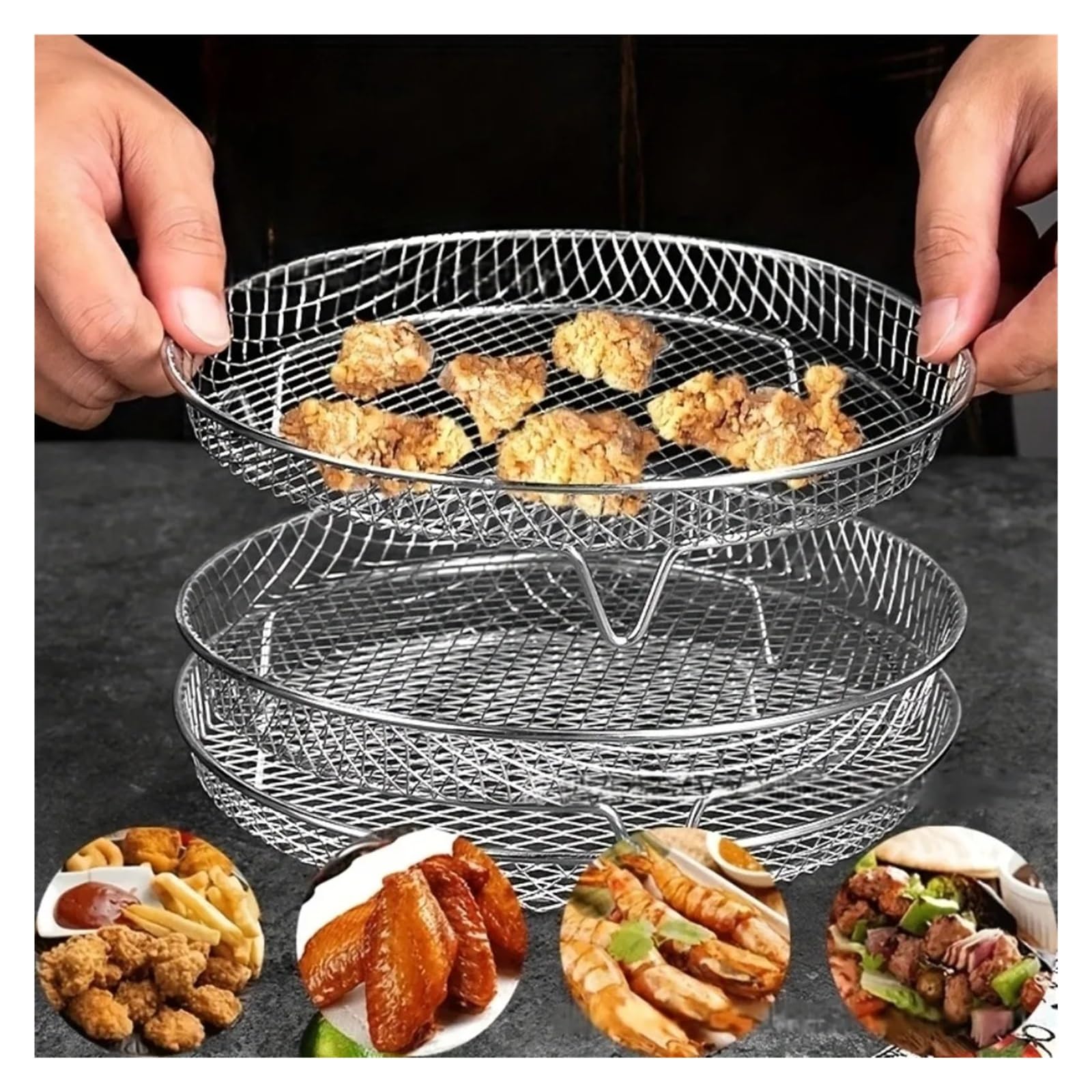 Genérico Juego de Rejilla for freidora de Aire de 3 Piezas for Cocina | Acero inoxidable, apilable, vaporizado y secado.