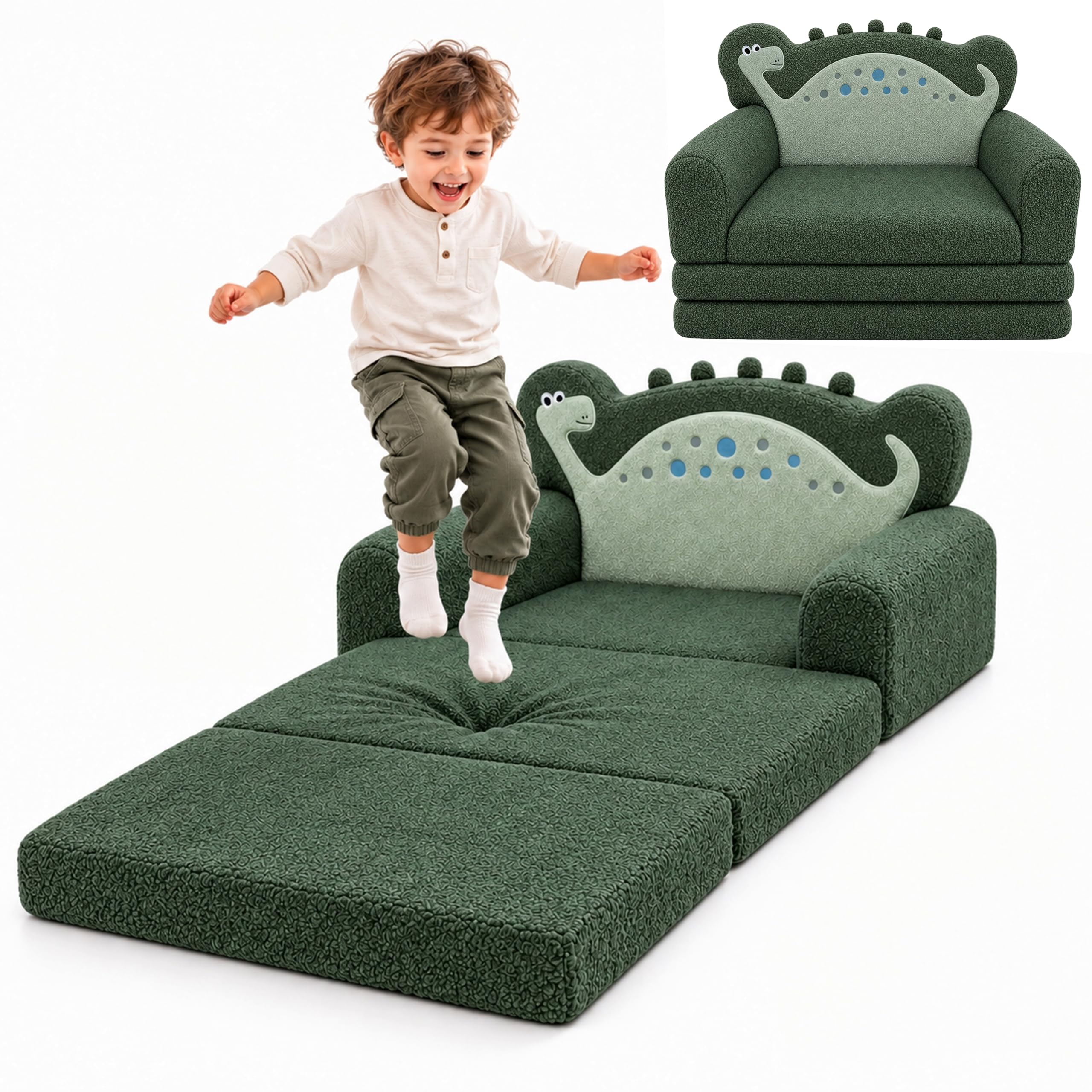 MOONLAND 3-in-1 Dinosaur Kids Sofa Bed, Flip Out Toddler Couch Chair,GREEN