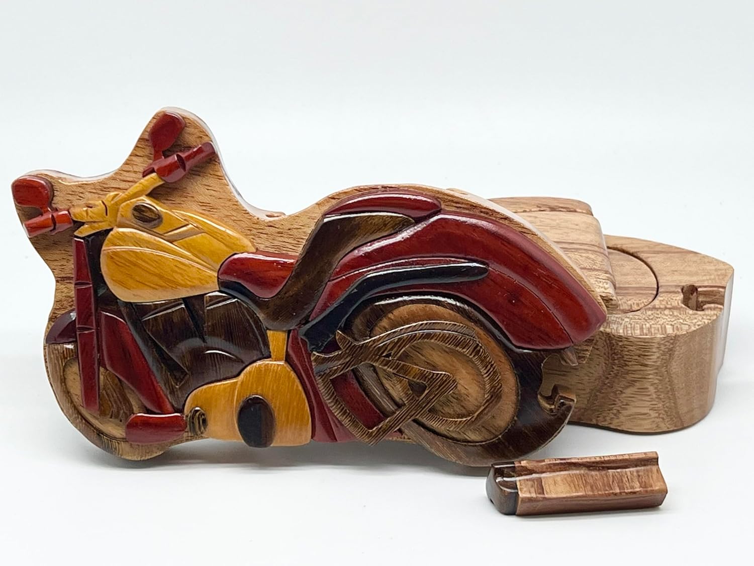 Motorcycle Wooden Puzzle Box - Hand Carved Wood Trinket Box - All Natural Intarsia Wood Art
