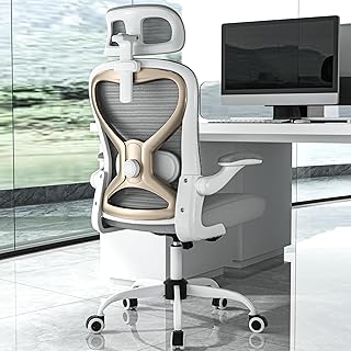Home Office Desk Chairs, Ergonomic Office Chair with Lumbar Support & 3D Headrest, Computer Desk Chair with Flip-up Armrests, Perfect for Office or Study, Gray/Gold