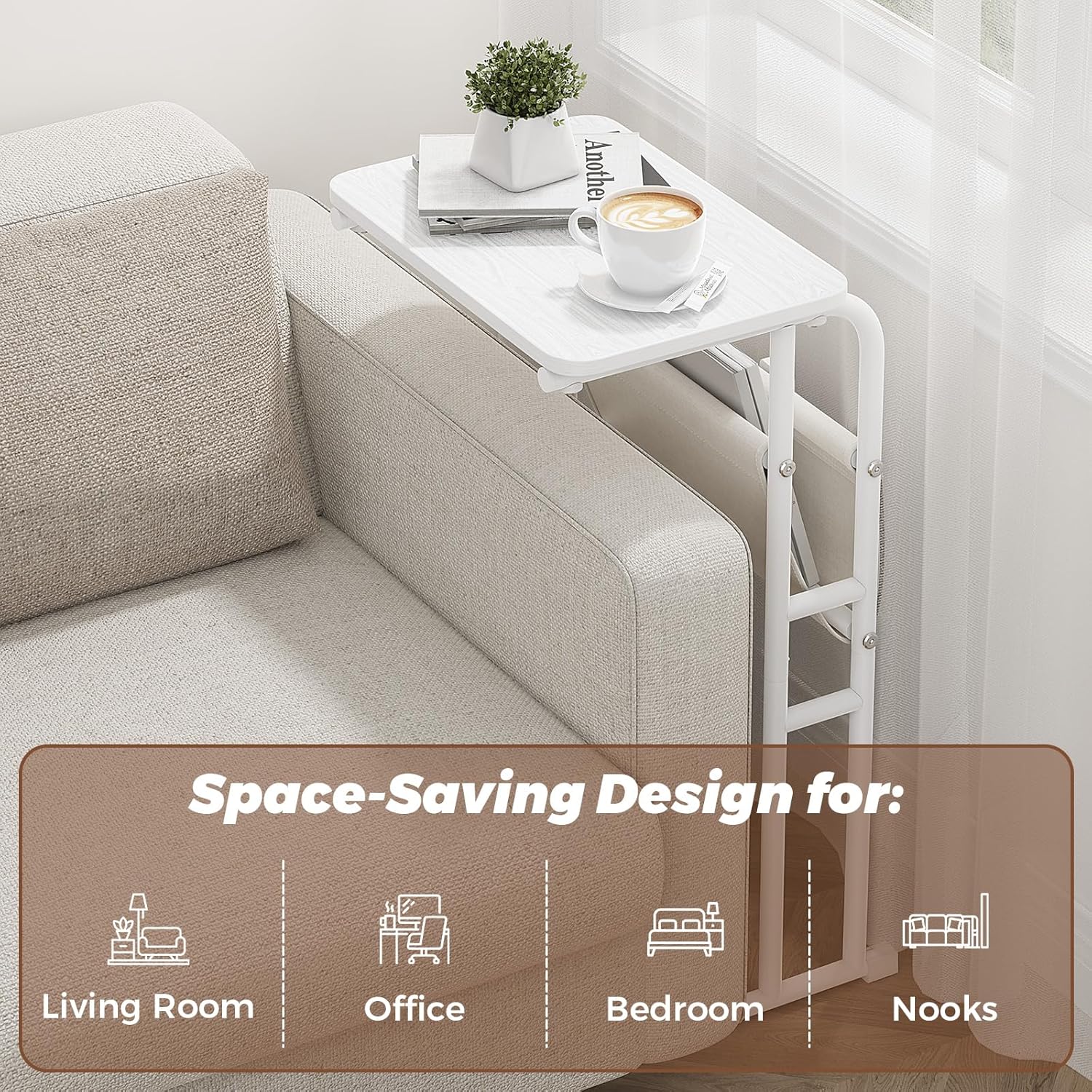 C-Shaped End Table with Storage Bag, Side Table for Living Room Bedroom, Slide Under Couch Sofa TV Trays Desk, Small Narrow Space Applicable, White