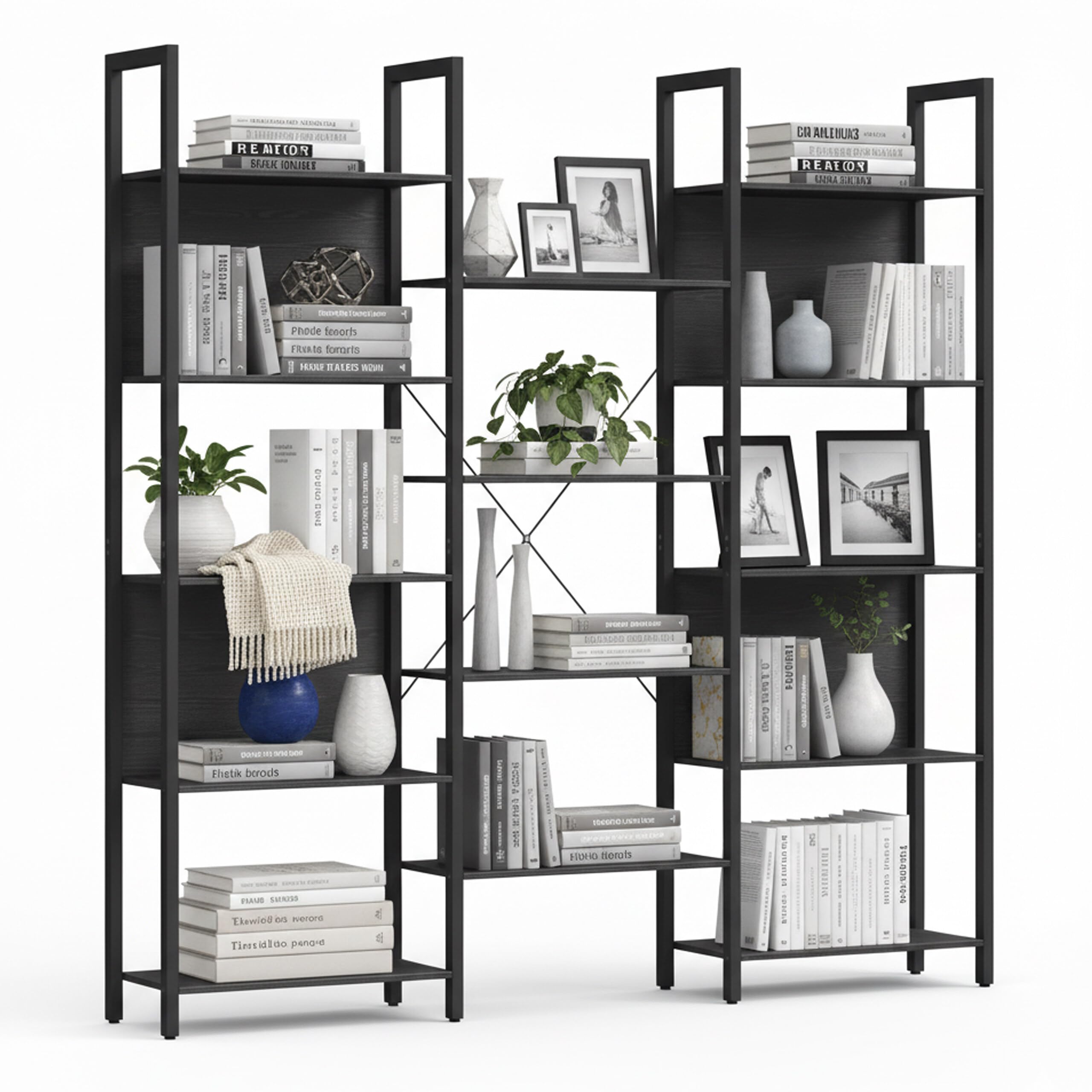 Relaxdays Industrialny regał na książki, 14 półek, wygląd drewna i metal, regał stojący do salonu, biura, wys. x szer. x gł.: 166 x 158 x 24 cm, czarny