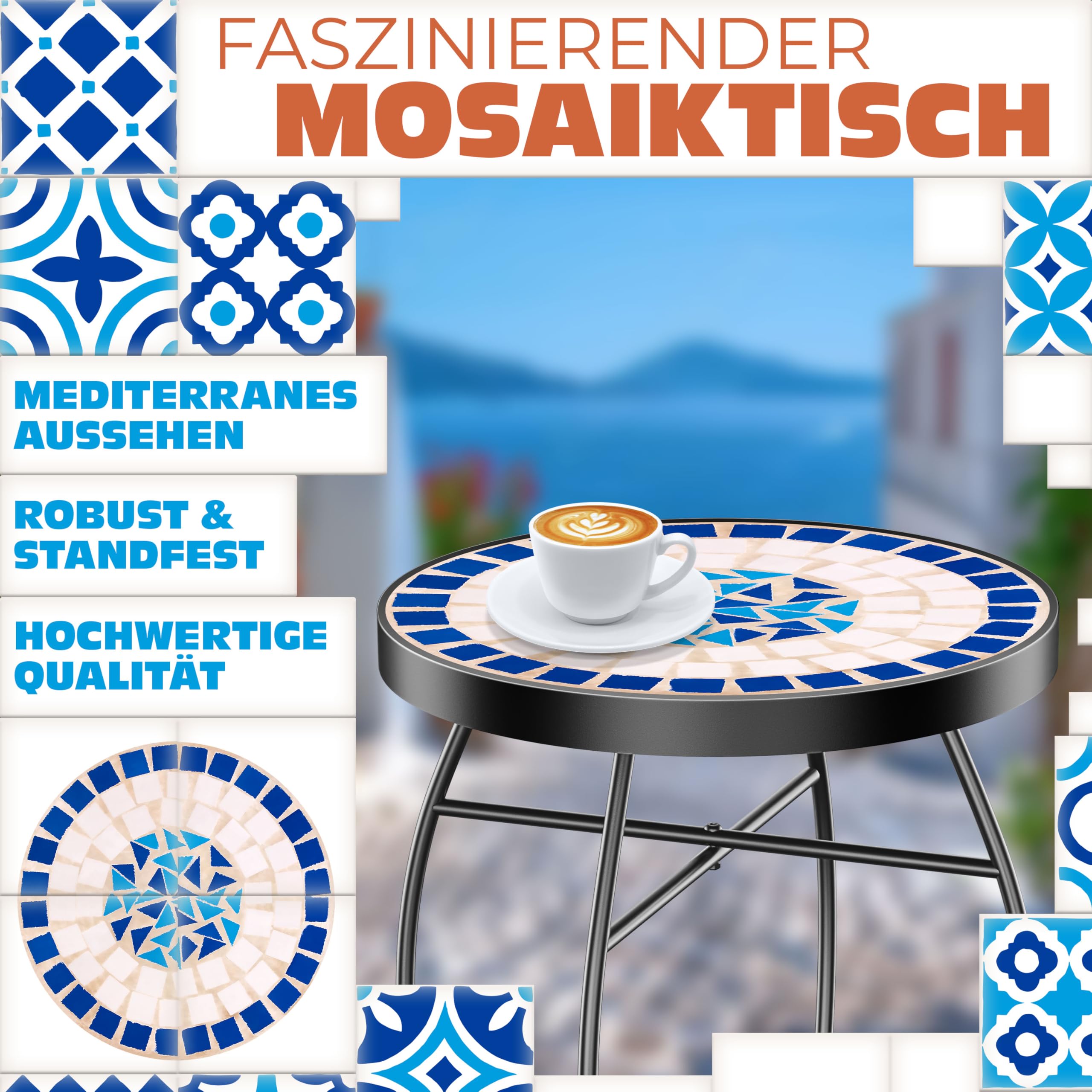 KESSER® Mosaiktisch Bistrotische Blumenhocker Rund 60 x 34 cm Metall Mosaik Beistelltisch Balkontisch Gartentische Terrassentisch Balkon Steinmosaik Garten Gartentisch Indoor Outdoor, Peripou