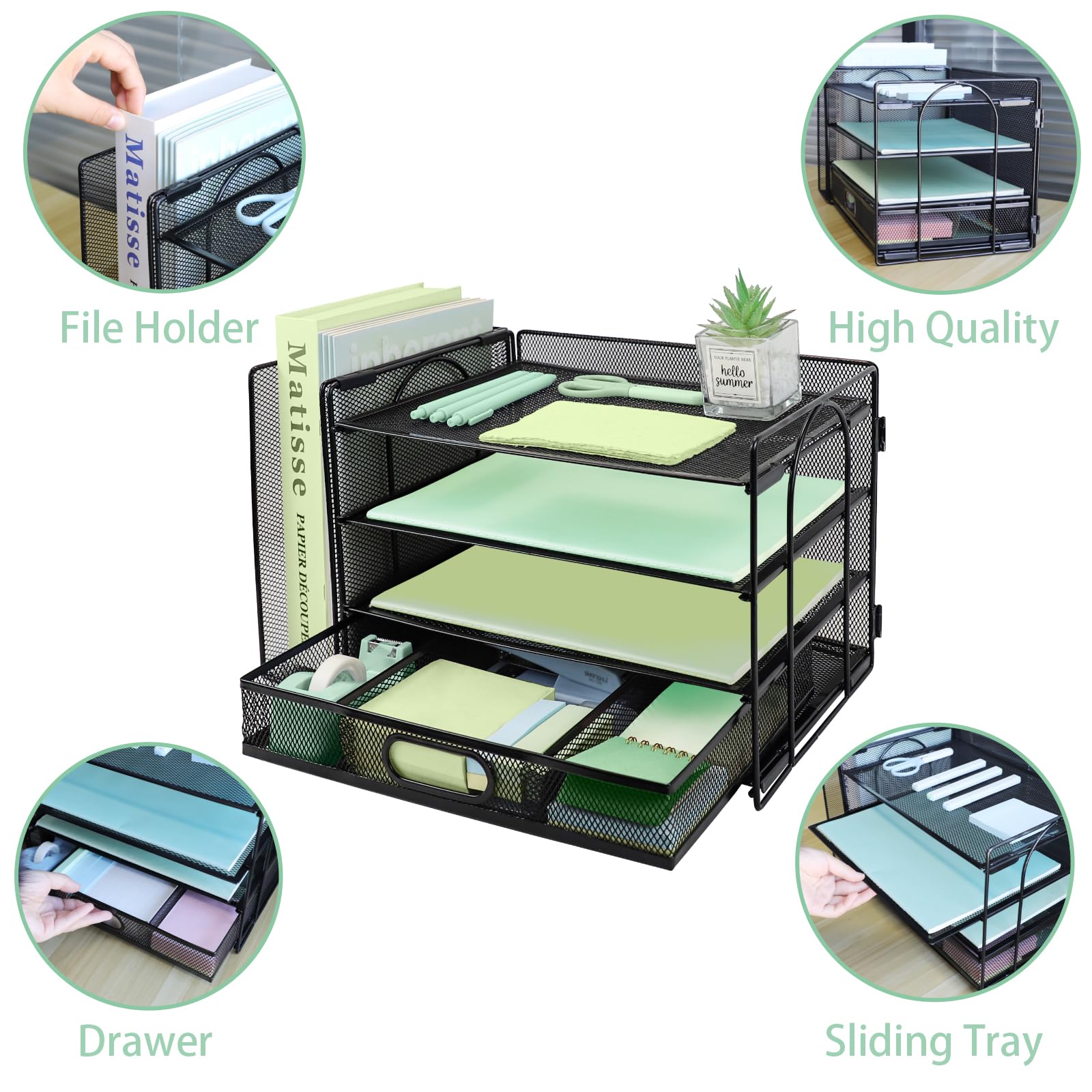 3 Tier Desk File Organiser with Extra Vertical File Sorter, Paper Letter Tray with Top Stationery Drawer Holder - Image 3