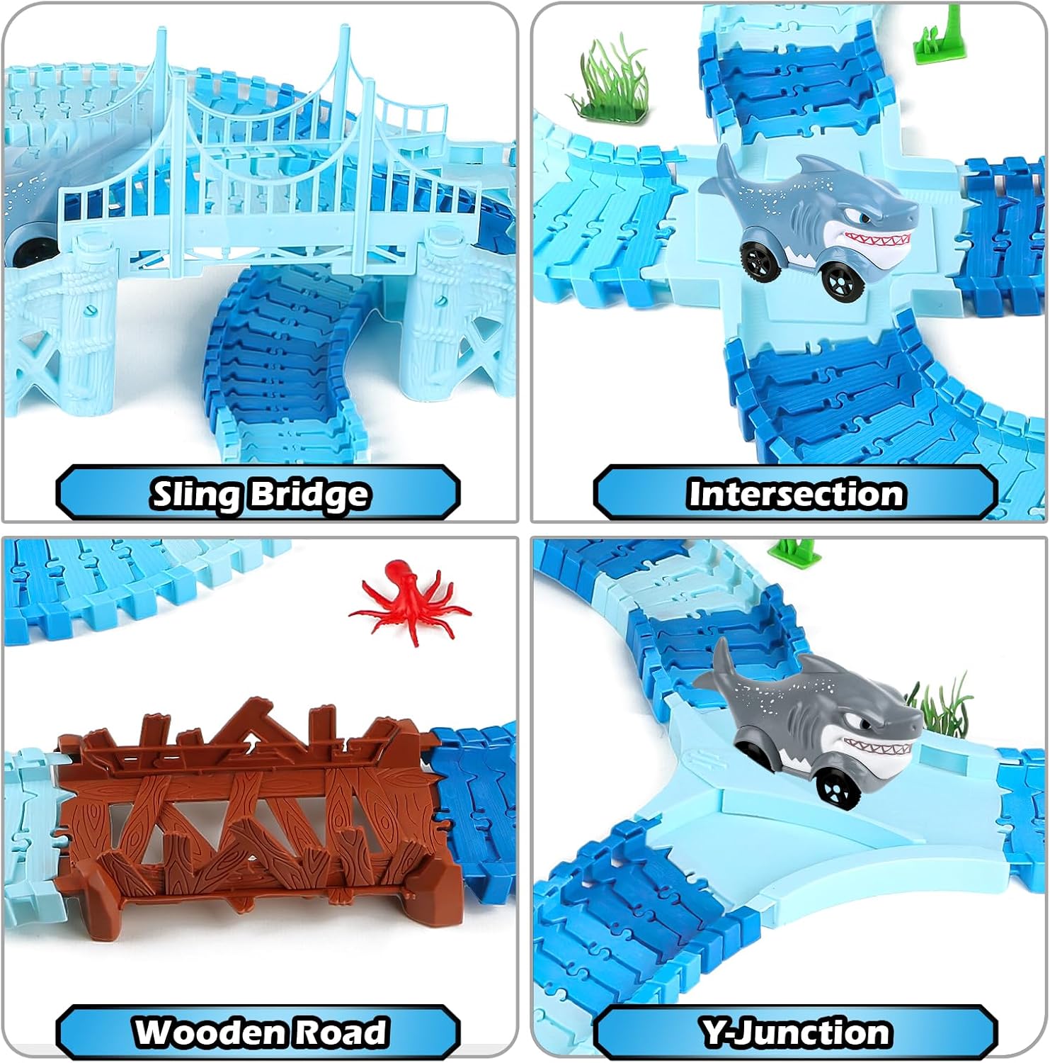 Coroiesty 264 PCS Shark Race Tracks for Kids Toys, Glow in The Dark Magic Toy Set, 2 Shark Cars Track, Flexible DIY Track Set, Birthday Gift for Age 3-9 Boys Toddler Girls