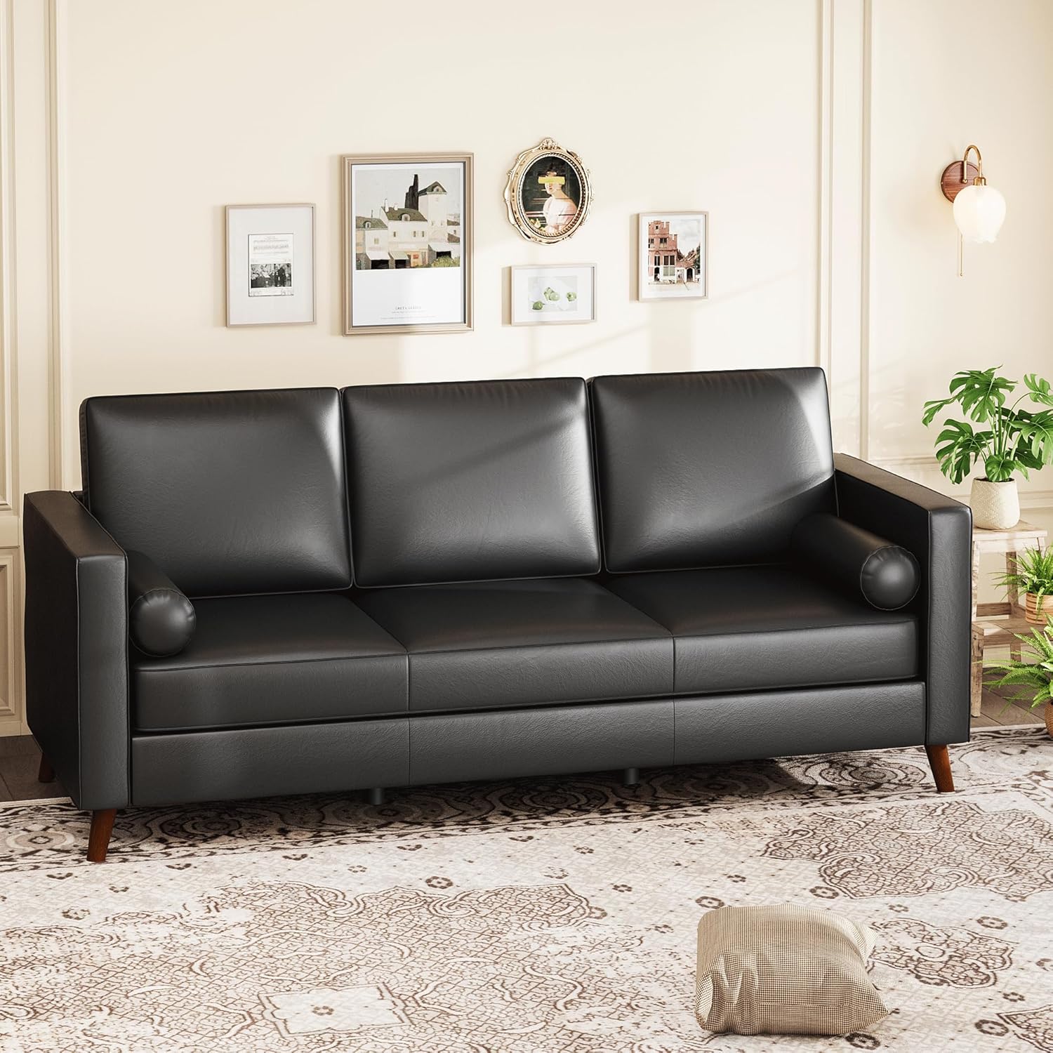 IDEALHOUSE 86" Mid Century Modern Faux Leather Sofa, Deep Seat 3 Seater Couch with Upholstered Cushions & Removable Covers, Modern Living Room Sofa for Apartment, Office, Black