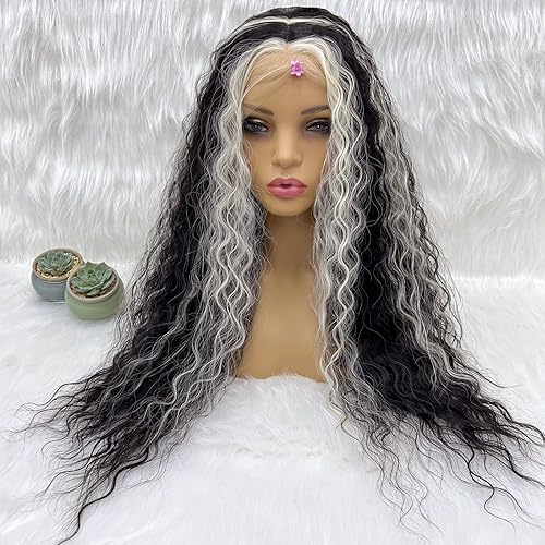 GIANNAY Black Mix White Wigs Curly Lace Front Wigs Black with White Streak Wigs White Skunk Stripe Wig Synthetic Lace Front Wigs for Women 24 Inch