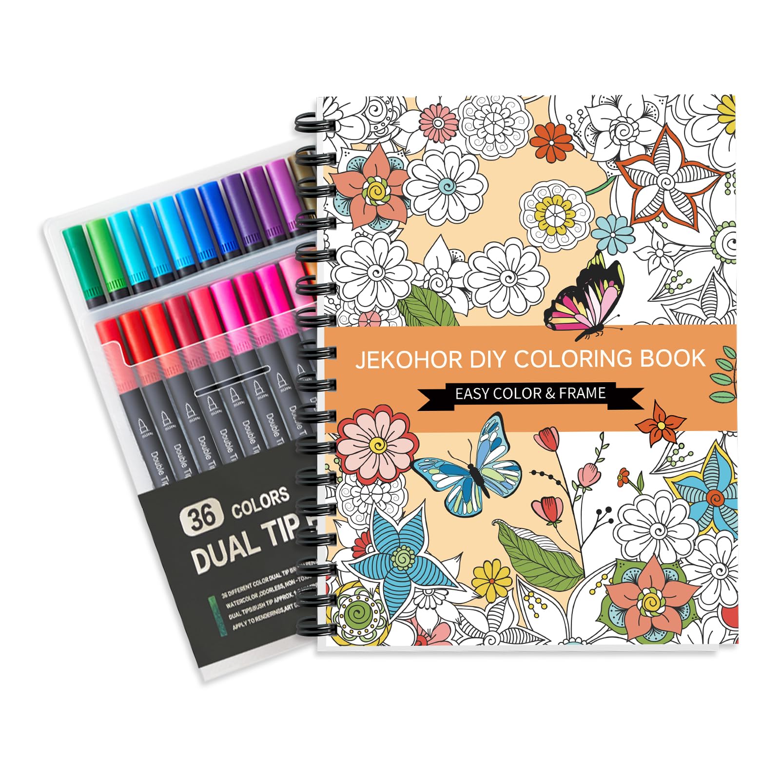Jekohor Malbuch für Erwachsene und Marker Set, Spiral gebundene Färbung Buch für Erwachsene Entspannung mit 36 Farben Marker