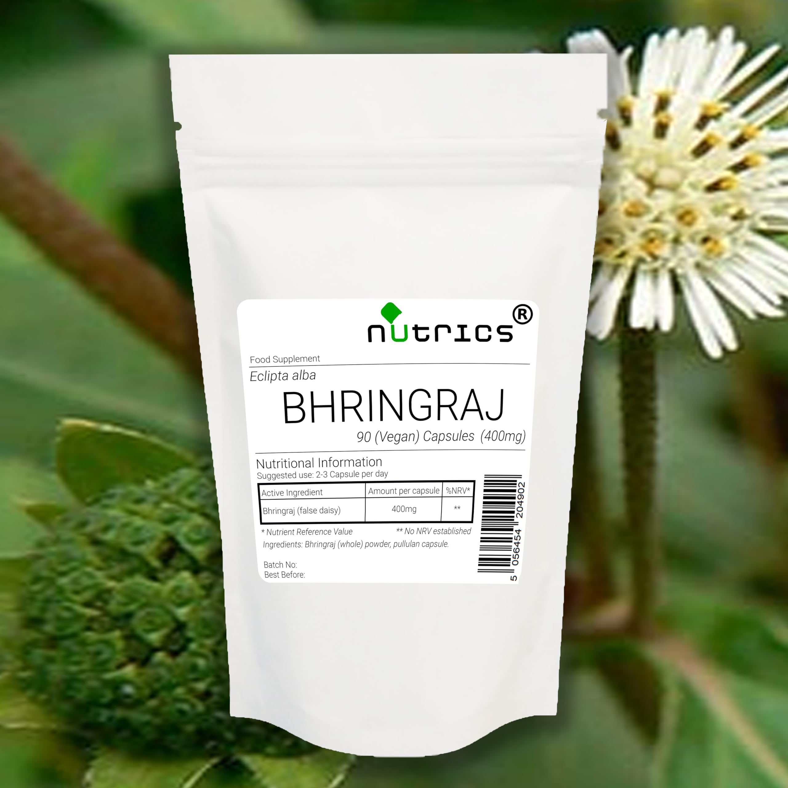 Nutrics400mg BHRINGRAJ Eclipta Alba 100% Pure x 90 V Capsules (1 Month Supply) - - Zero Additives - Suitable for Vegan Vegetarian