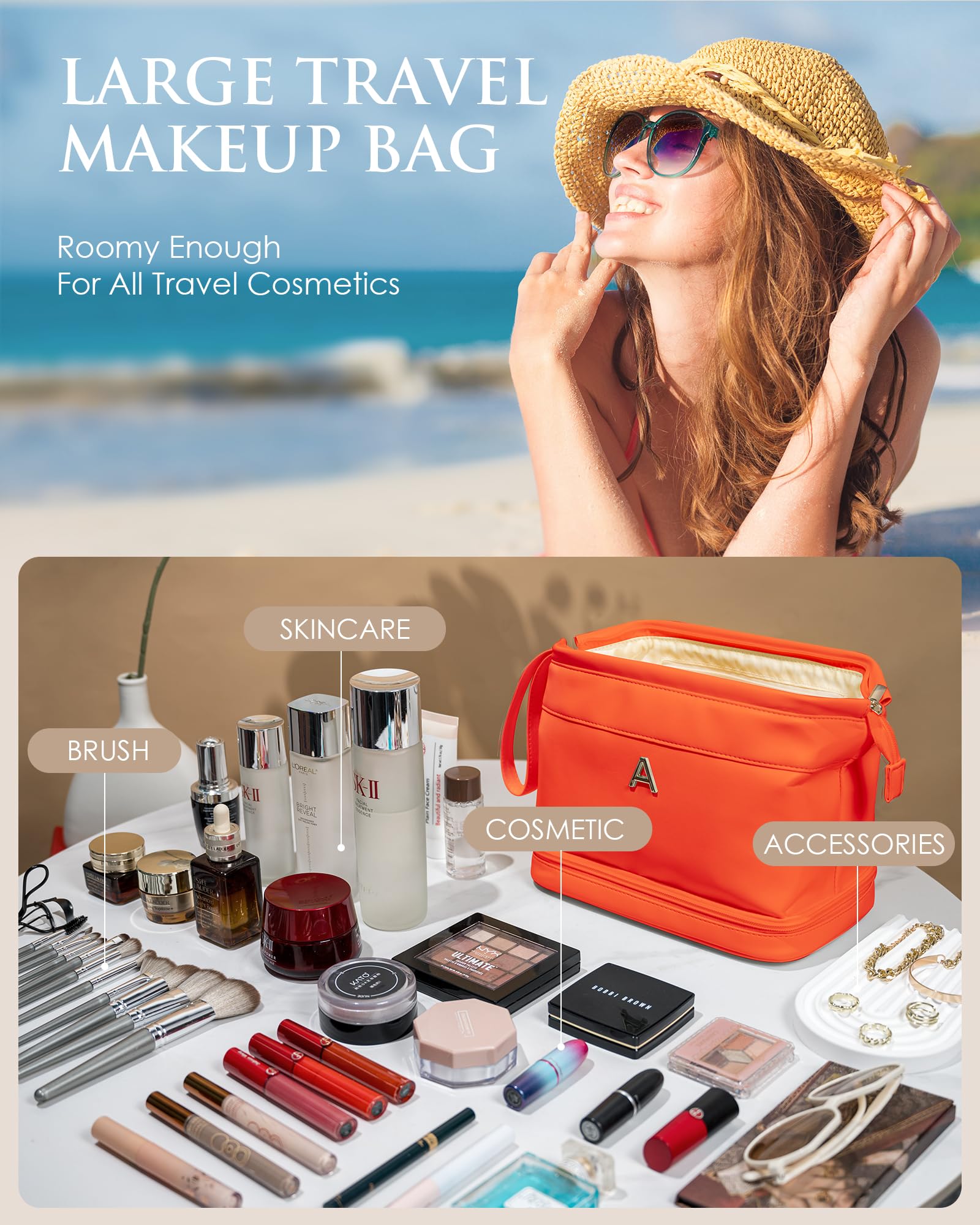 Vogewood Birthday Gifts for 10 11 12 13 14 15 16 Year Old Girls-Makeup Bags, Personalized Double Layer Cosmetic Bag with Makeup Brush Organizer, Grandma Birthday Gifts, Gifts for Women Friends