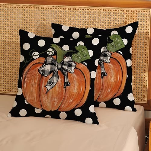 Miniatura 16 de Juego de 2 fundas de almohada de otoño de 18 x 18 pulgadas, hojas de arce de calabaza y búfalo a cuadros, decoración de otoño, de lino, Acción