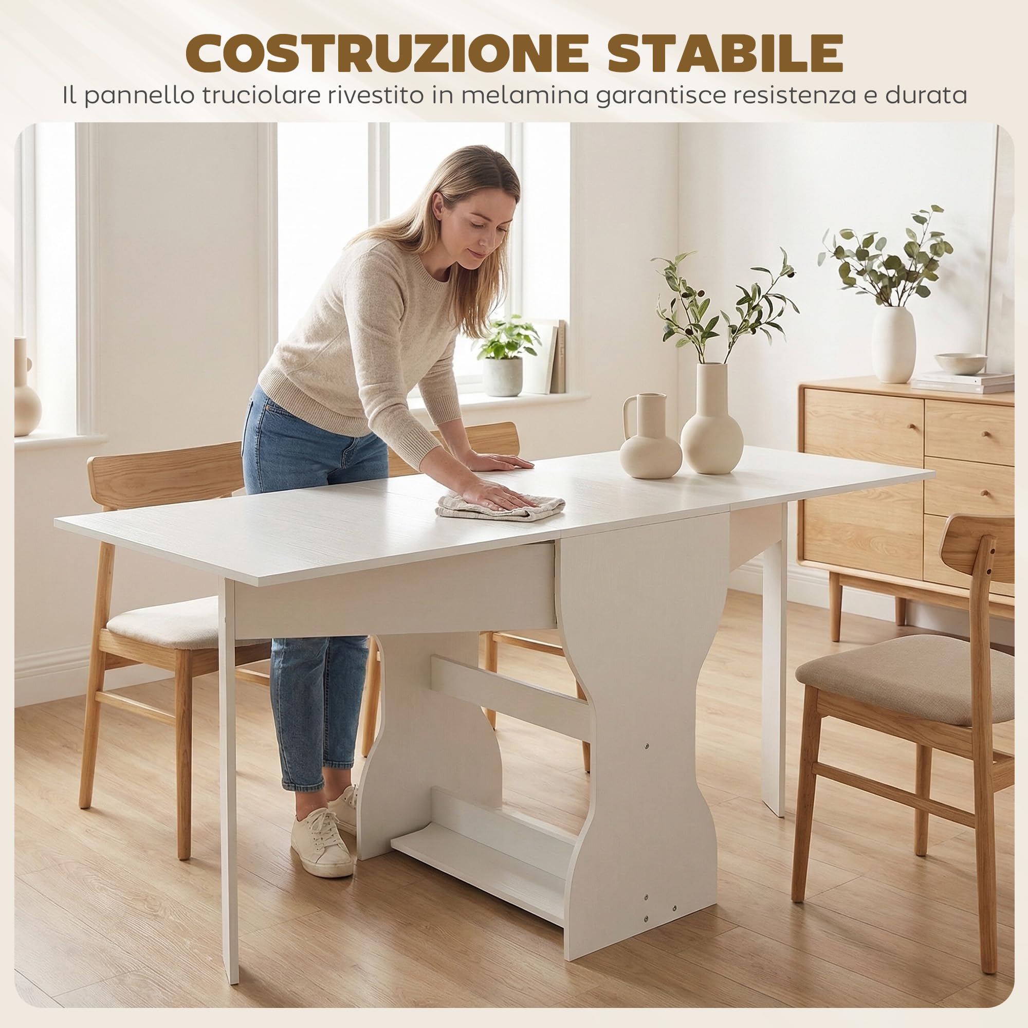 HOMCOM Tavolo da Pranzo Pieghevole 160 cm, Consolle con Ripiano Portaoggetti per Piccoli Spazi, Tavolo Moderno Salvaspazio per 4 Persone, Bianco
